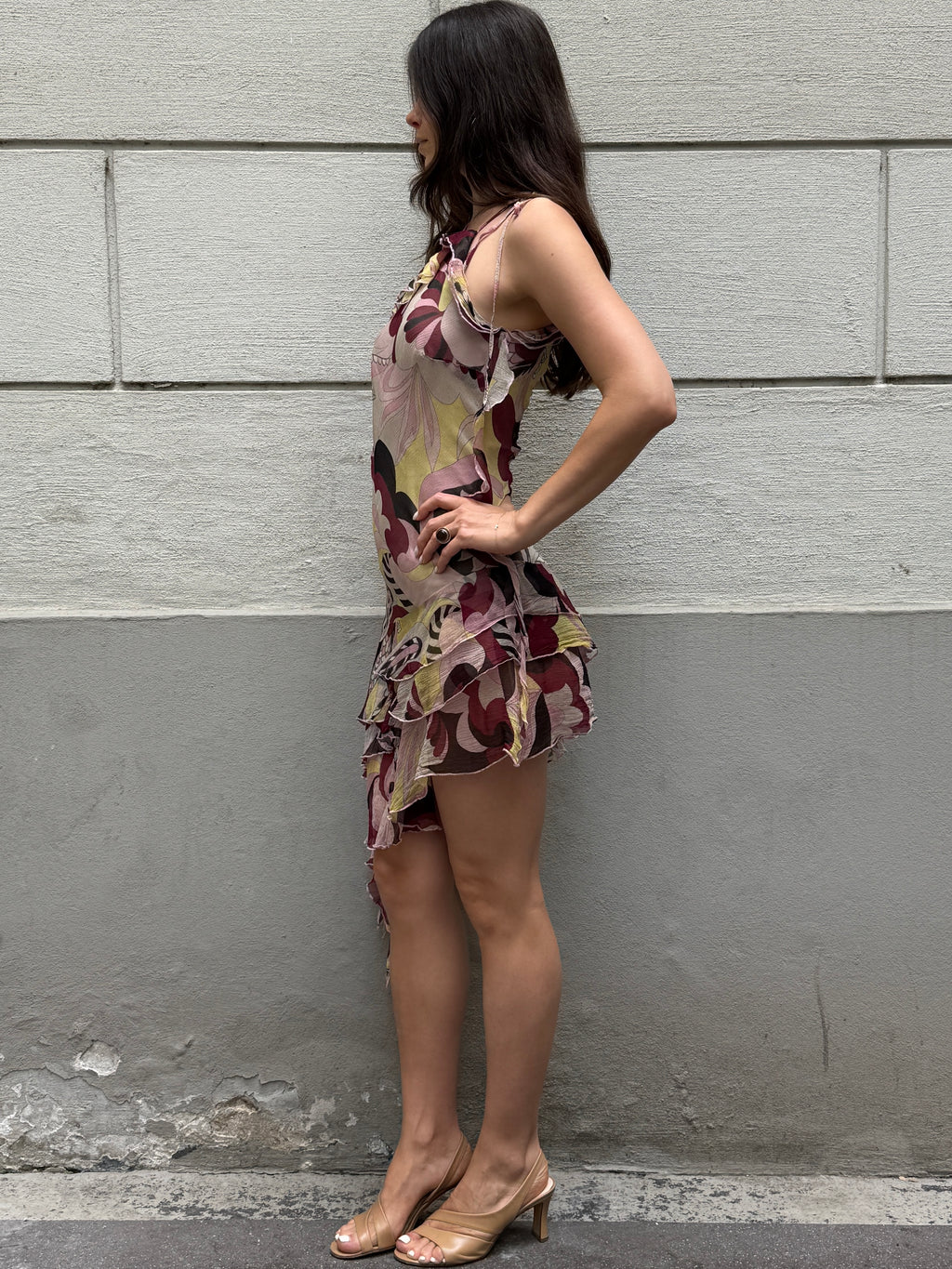 Vintage Y2K 100% Silk Ruffle Asymmetrical Mini Dress S/M