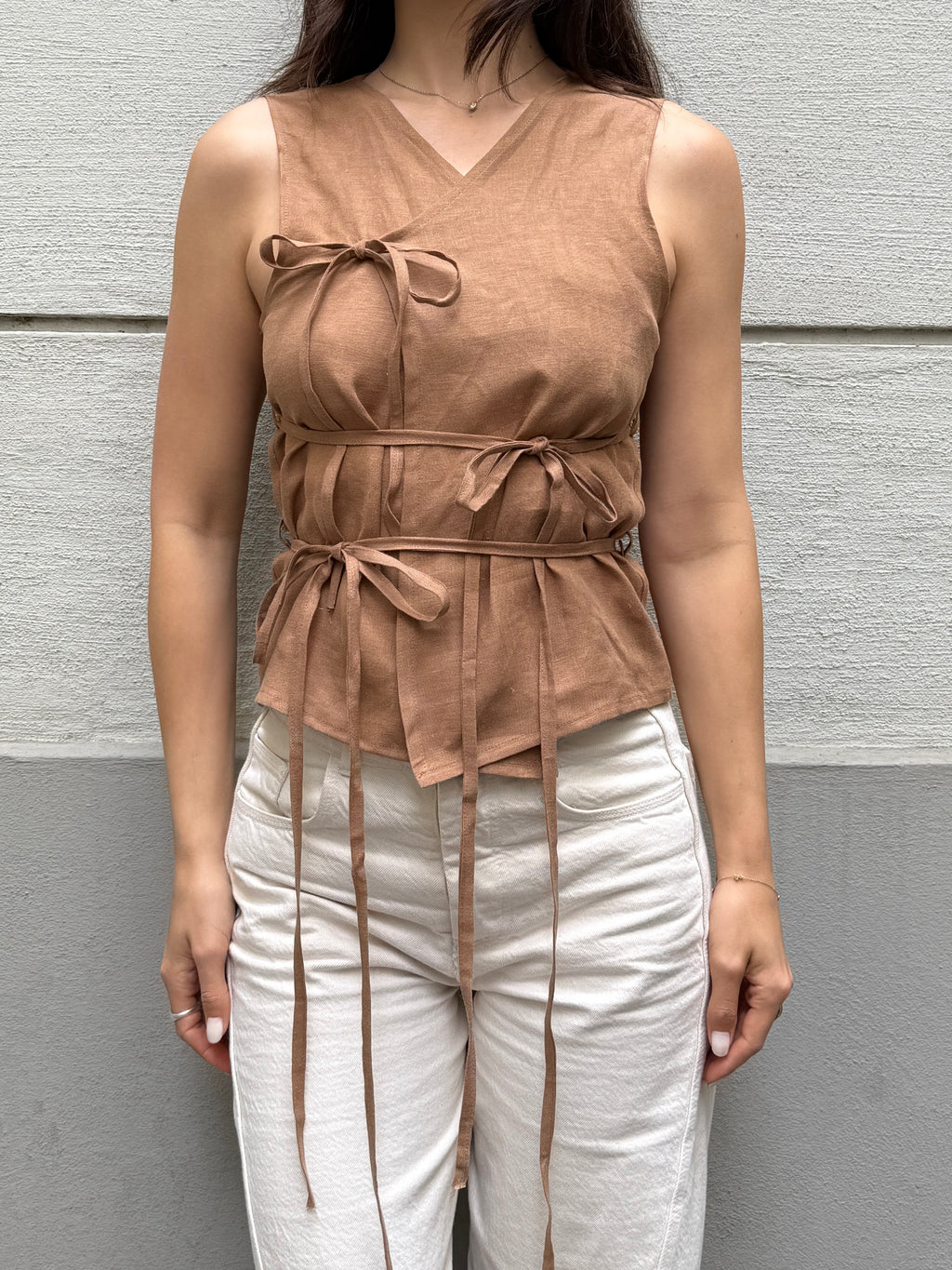 Japandi 100% Linen Light Brown Multi Tie Top S