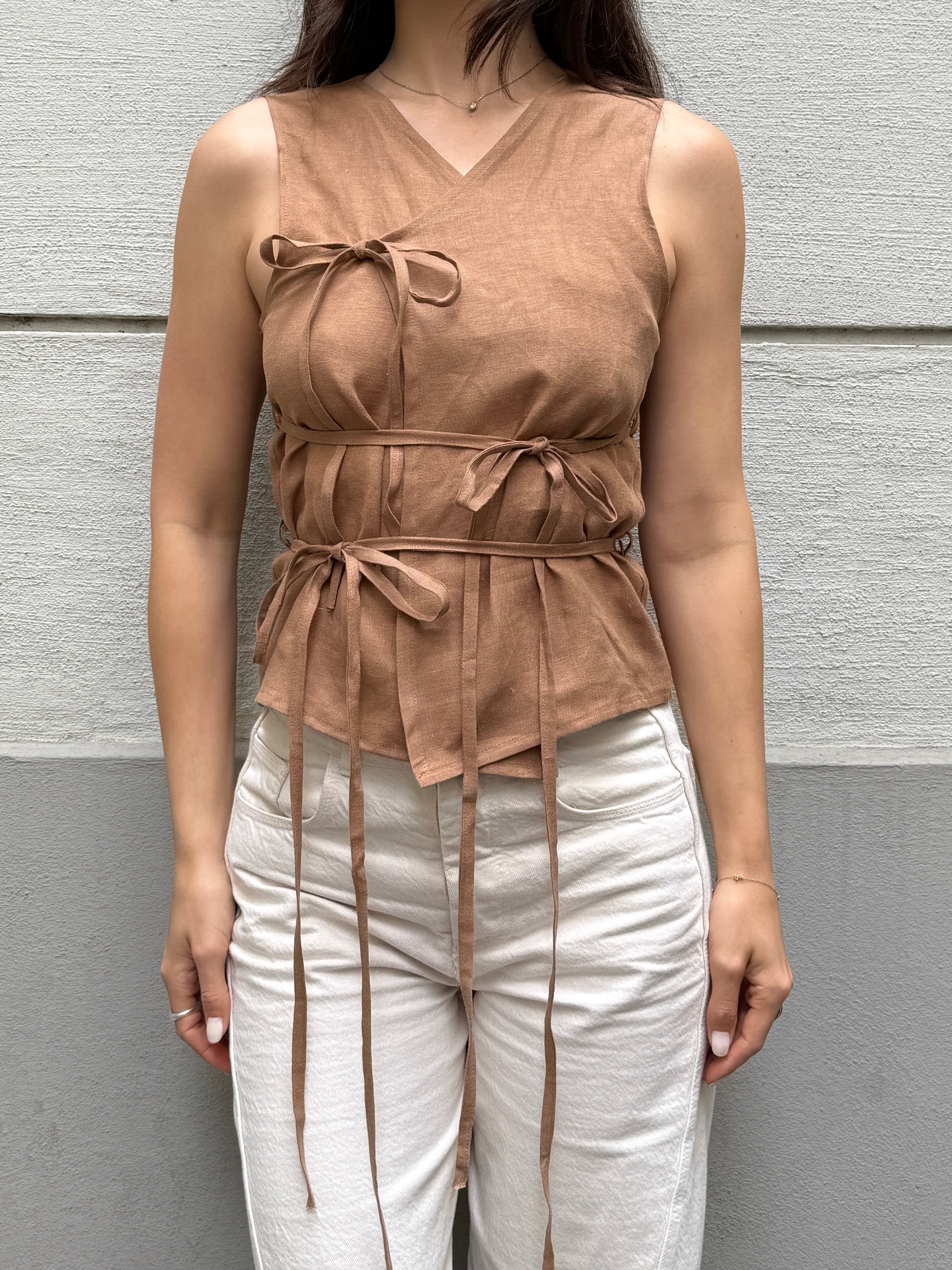 Japandi 100% Linen Light Brown Multi Tie Top S