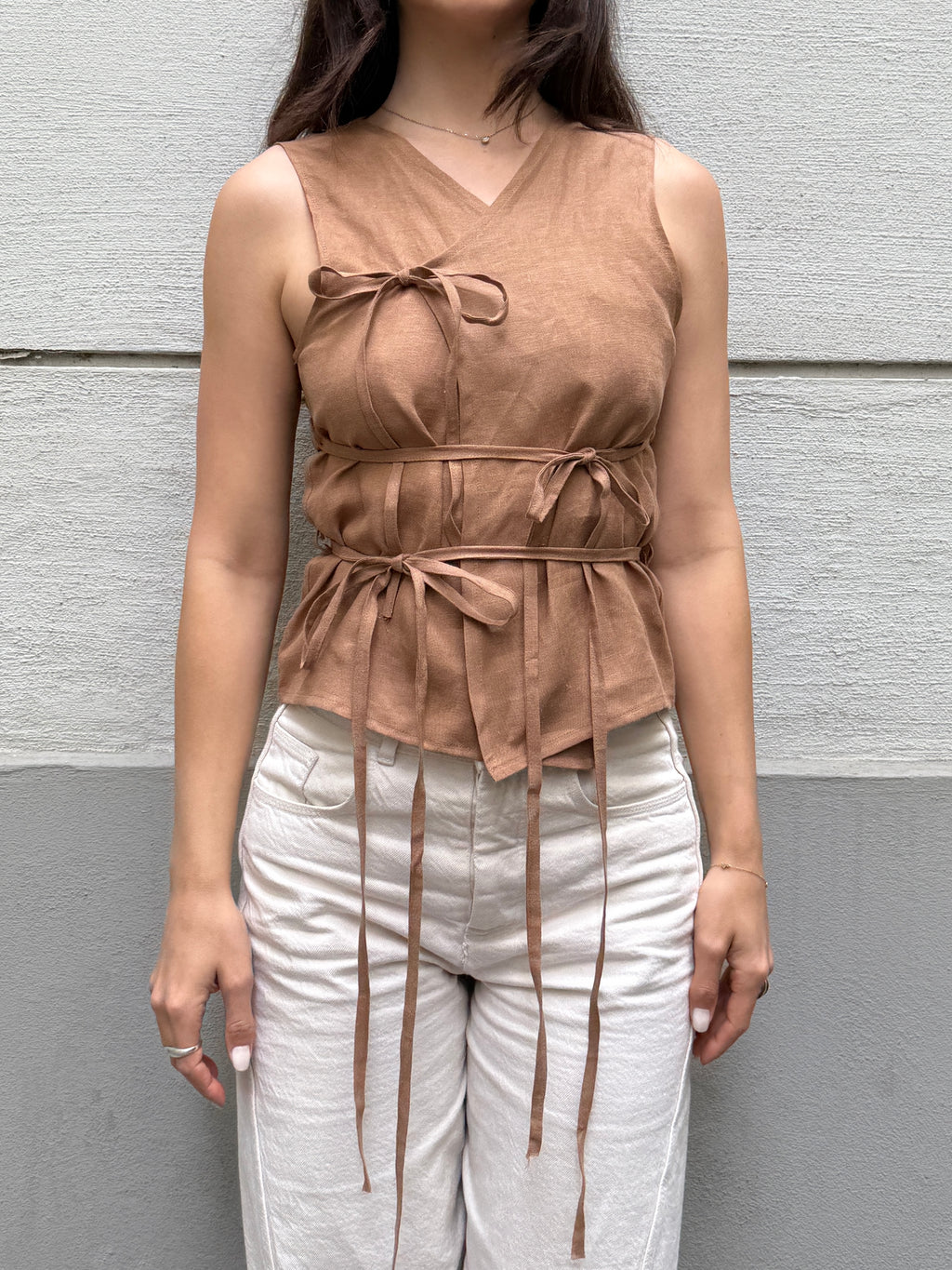 Japandi 100% Linen Light Brown Multi Tie Top S