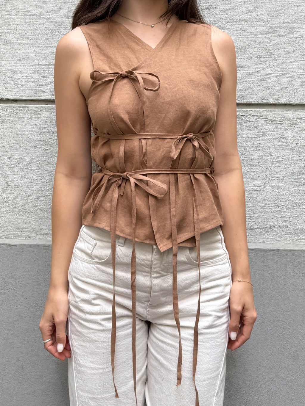Japandi 100% Linen Light Brown Multi Tie Top S