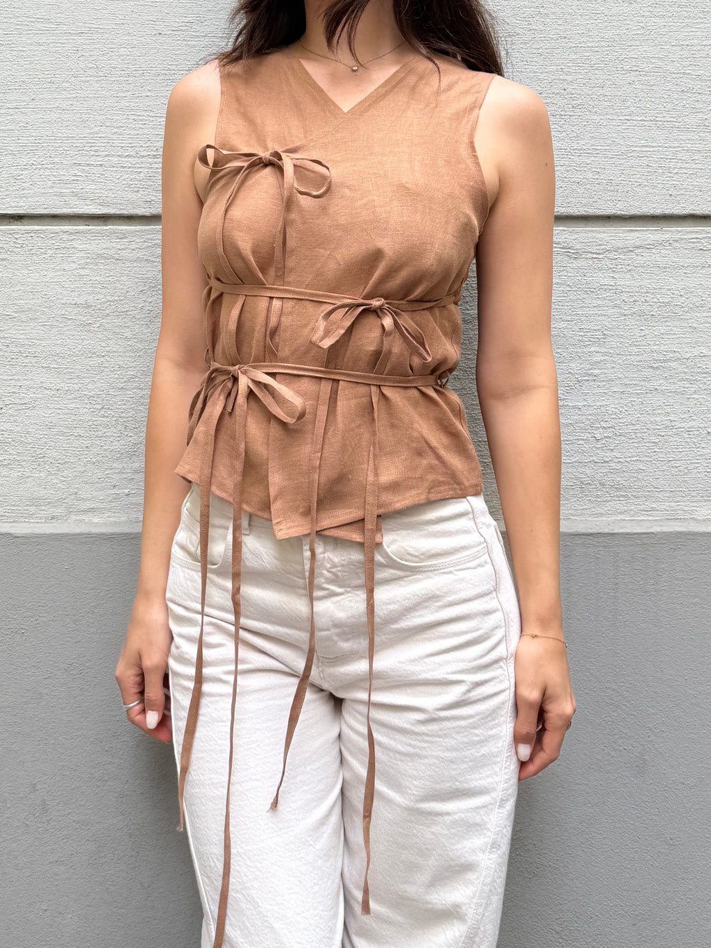 Japandi 100% Linen Light Brown Multi Tie Top S