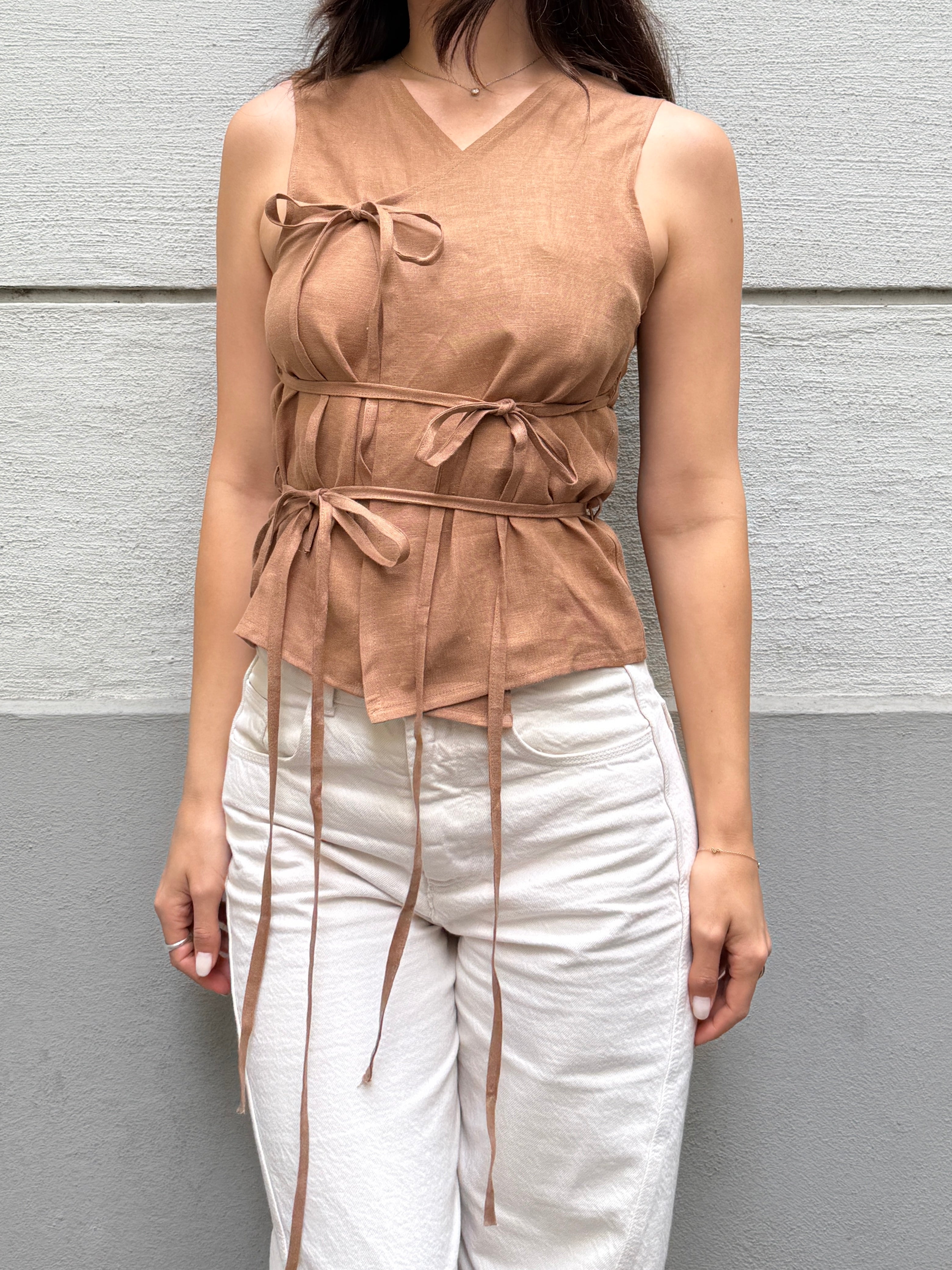 Japandi 100% Linen Light Brown Multi Tie Top S