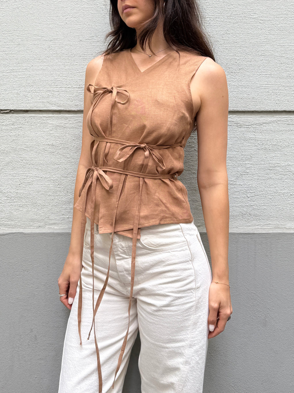 Japandi 100% Linen Light Brown Multi Tie Top S