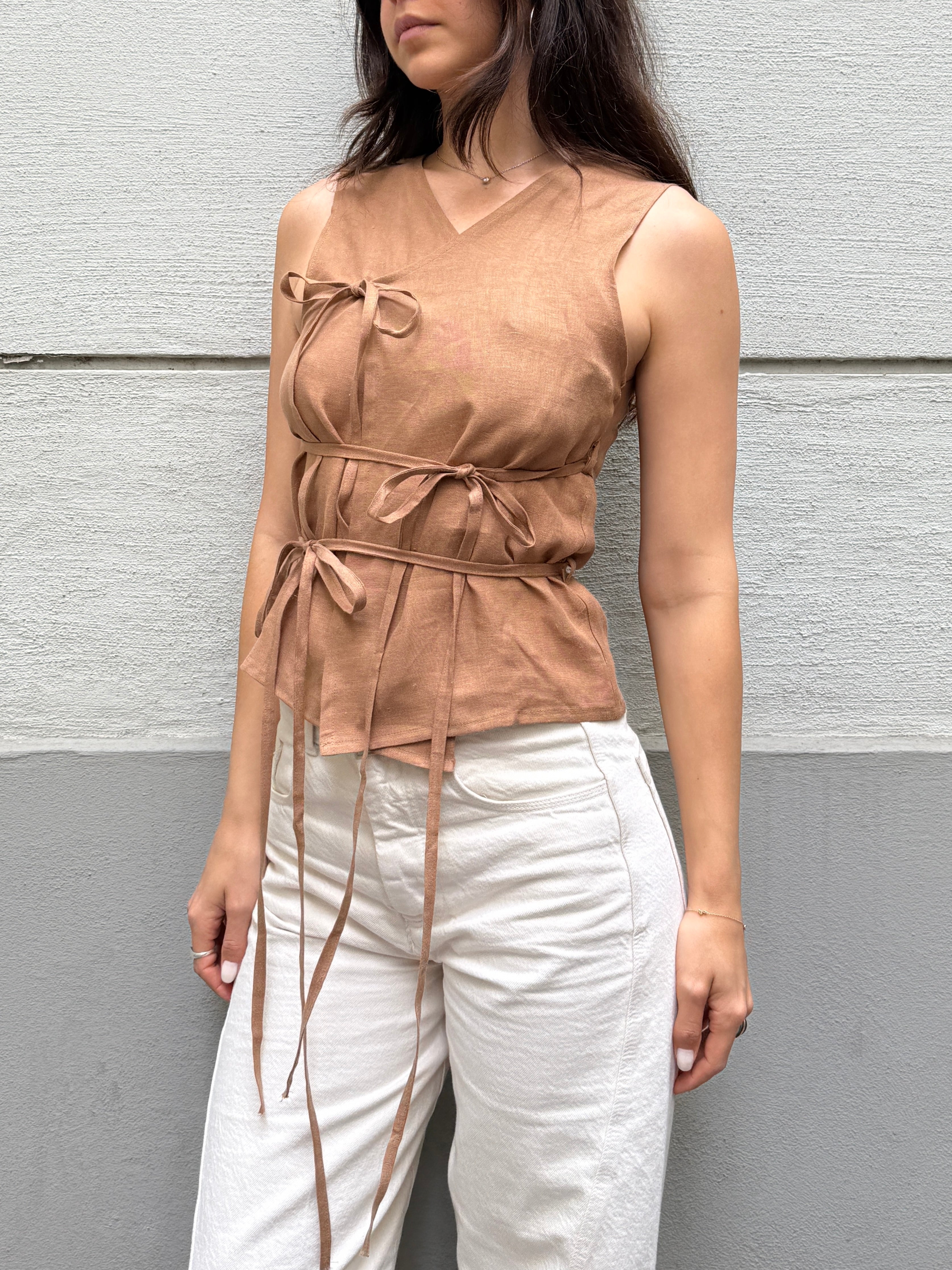 Japandi 100% Linen Light Brown Multi Tie Top S