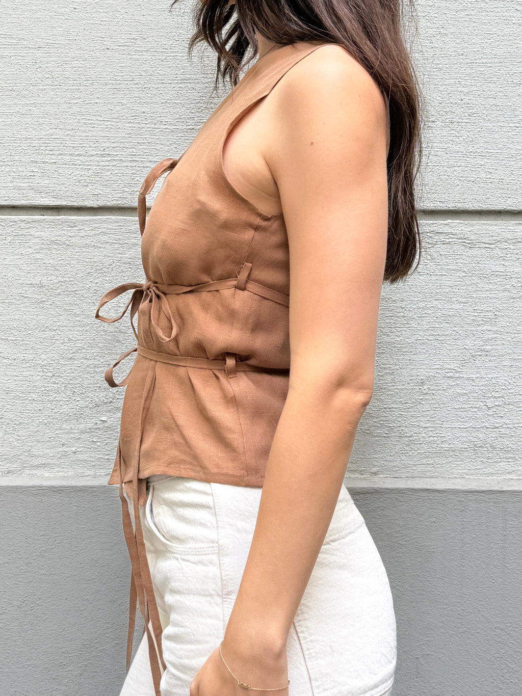 Japandi 100% Linen Light Brown Multi Tie Top S