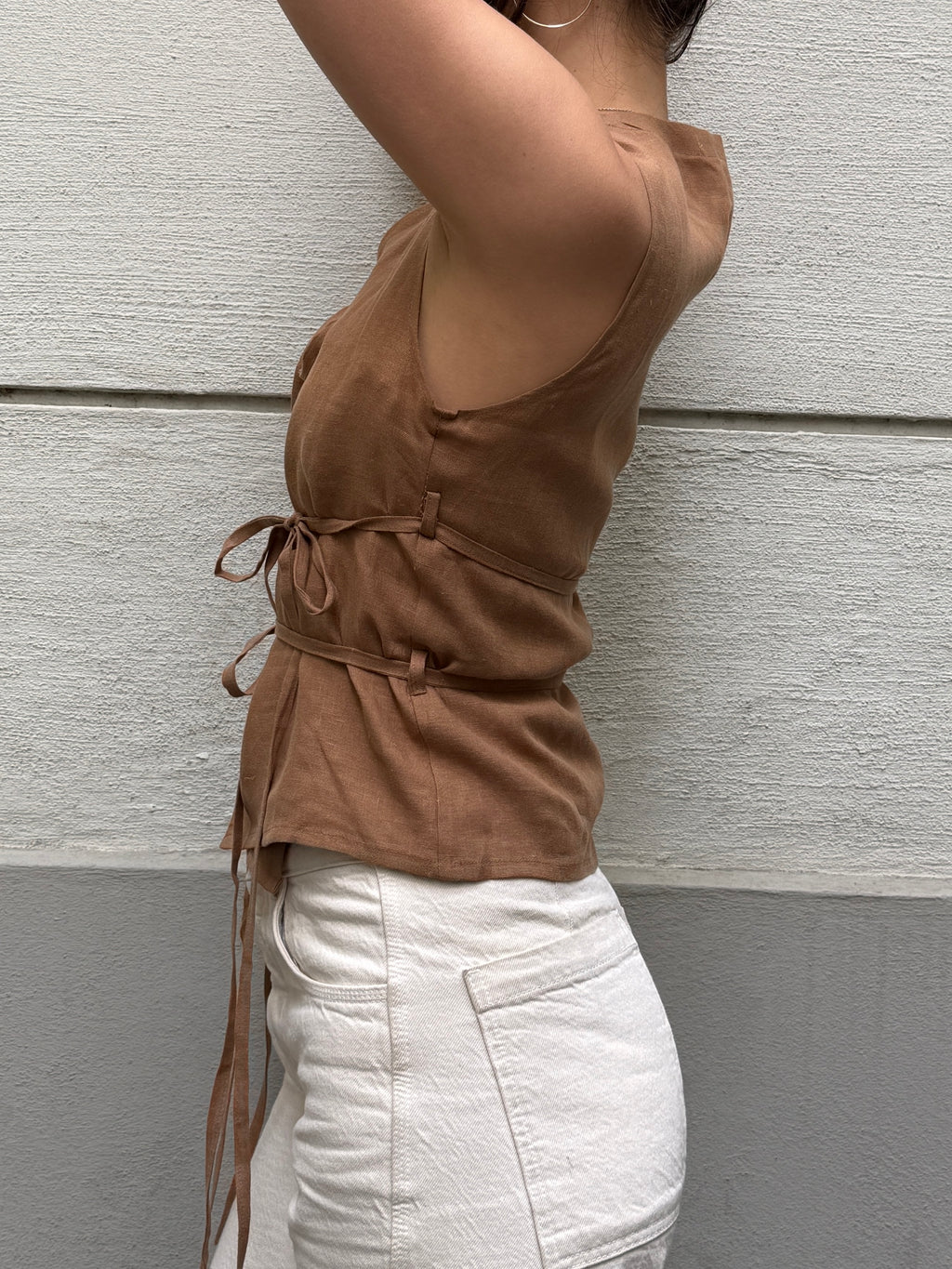 Japandi 100% Linen Light Brown Multi Tie Top S