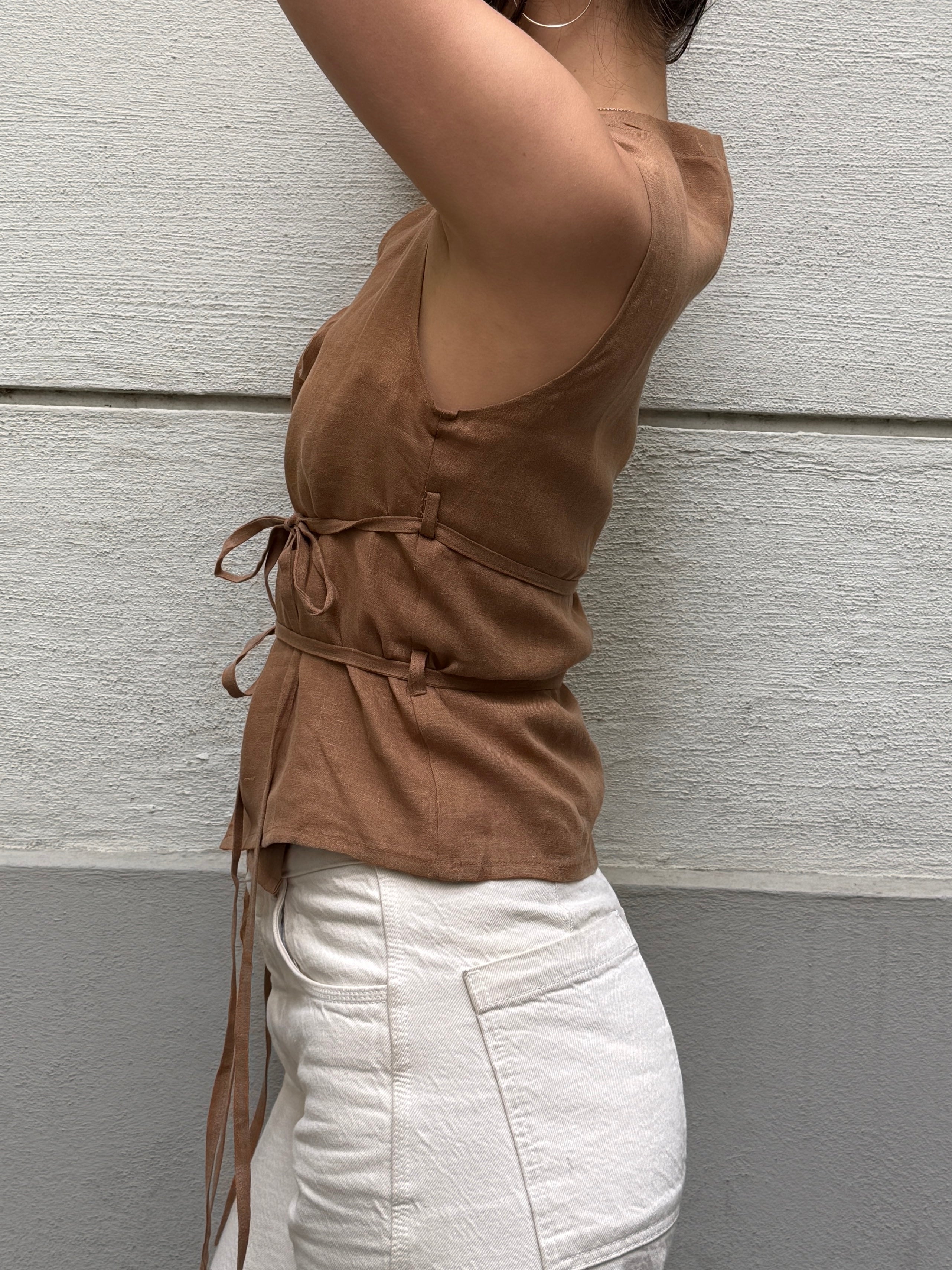 Japandi 100% Linen Light Brown Multi Tie Top S