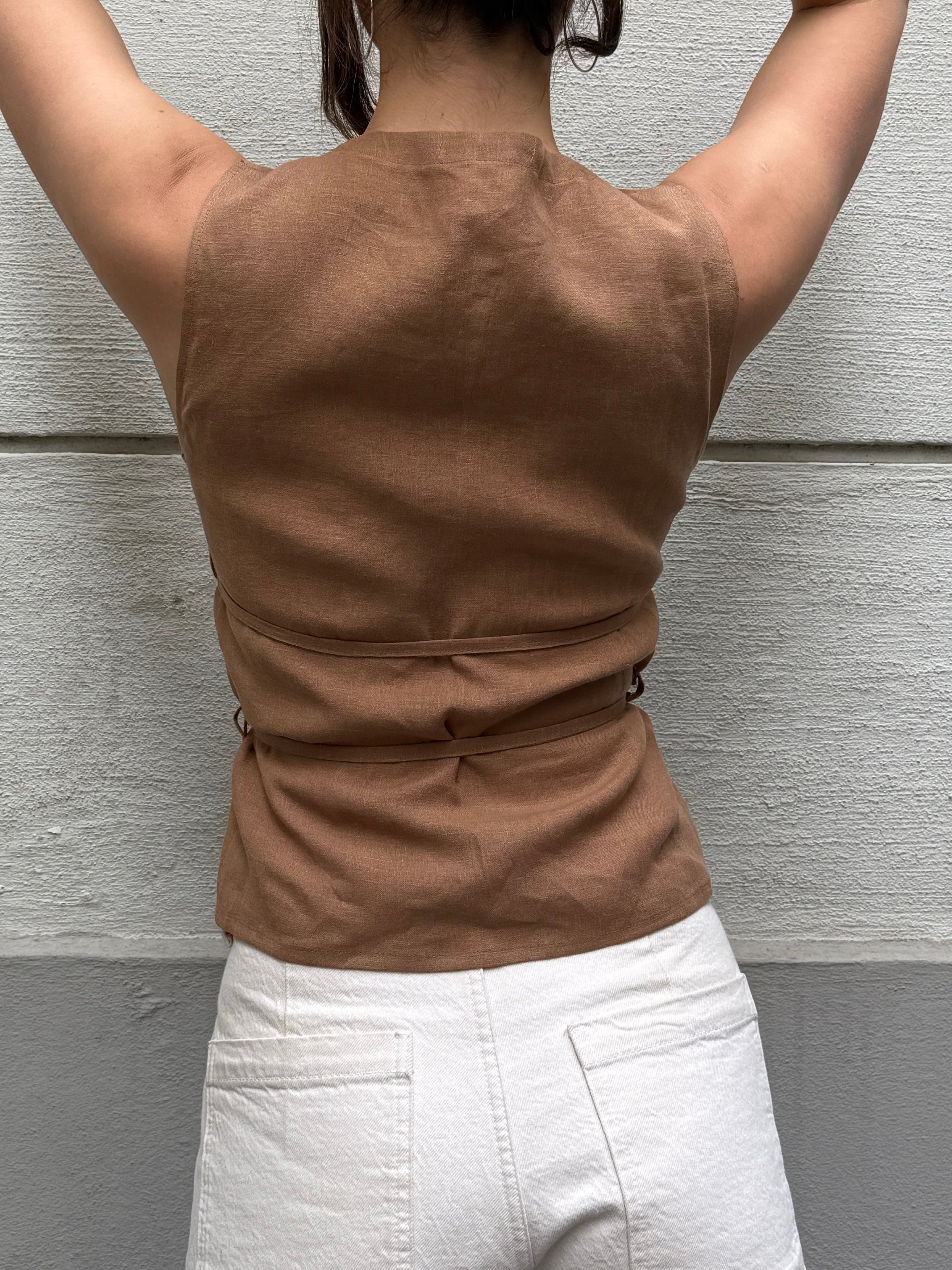 Japandi 100% Linen Light Brown Multi Tie Top S