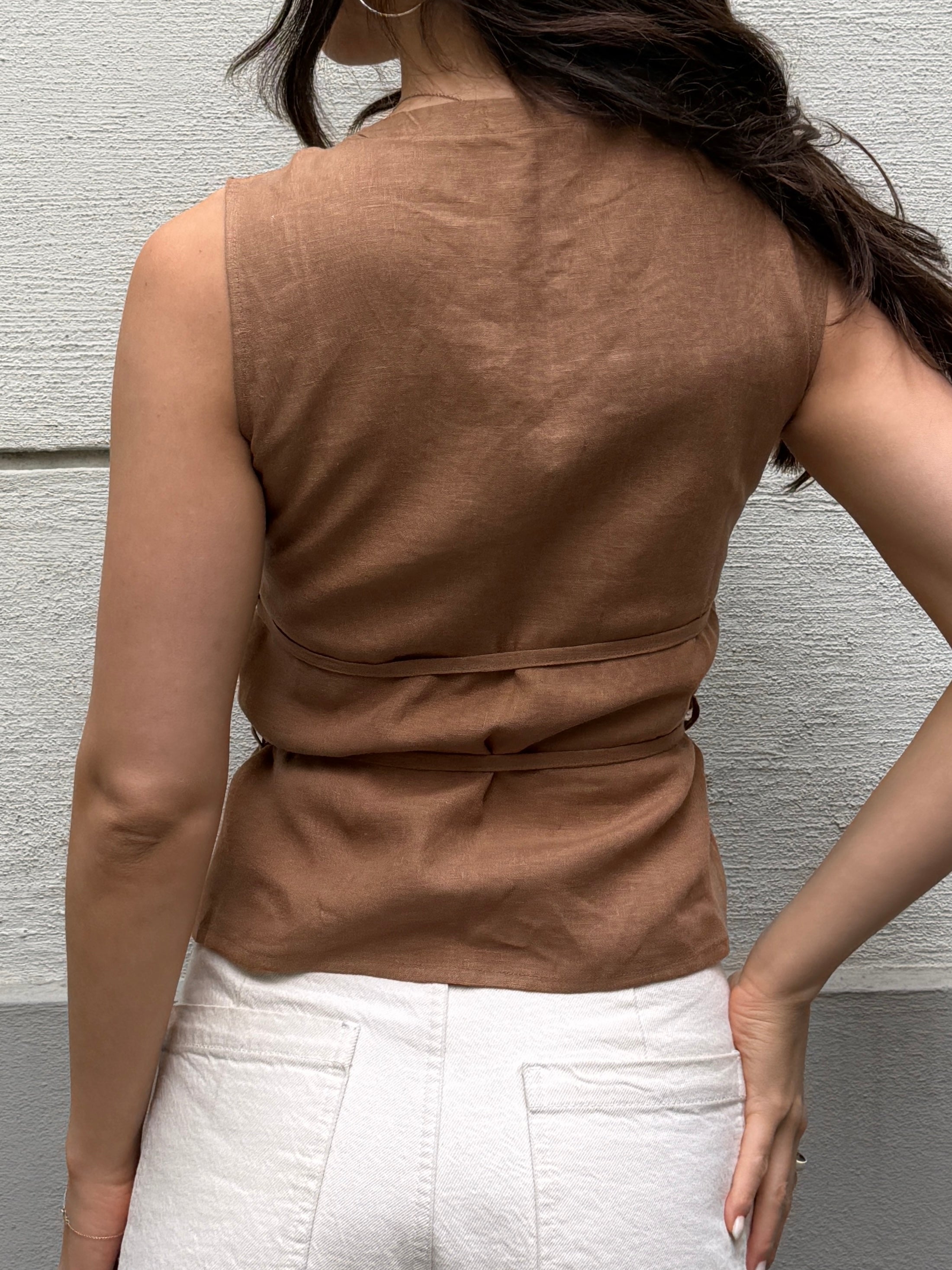 Japandi 100% Linen Light Brown Multi Tie Top S