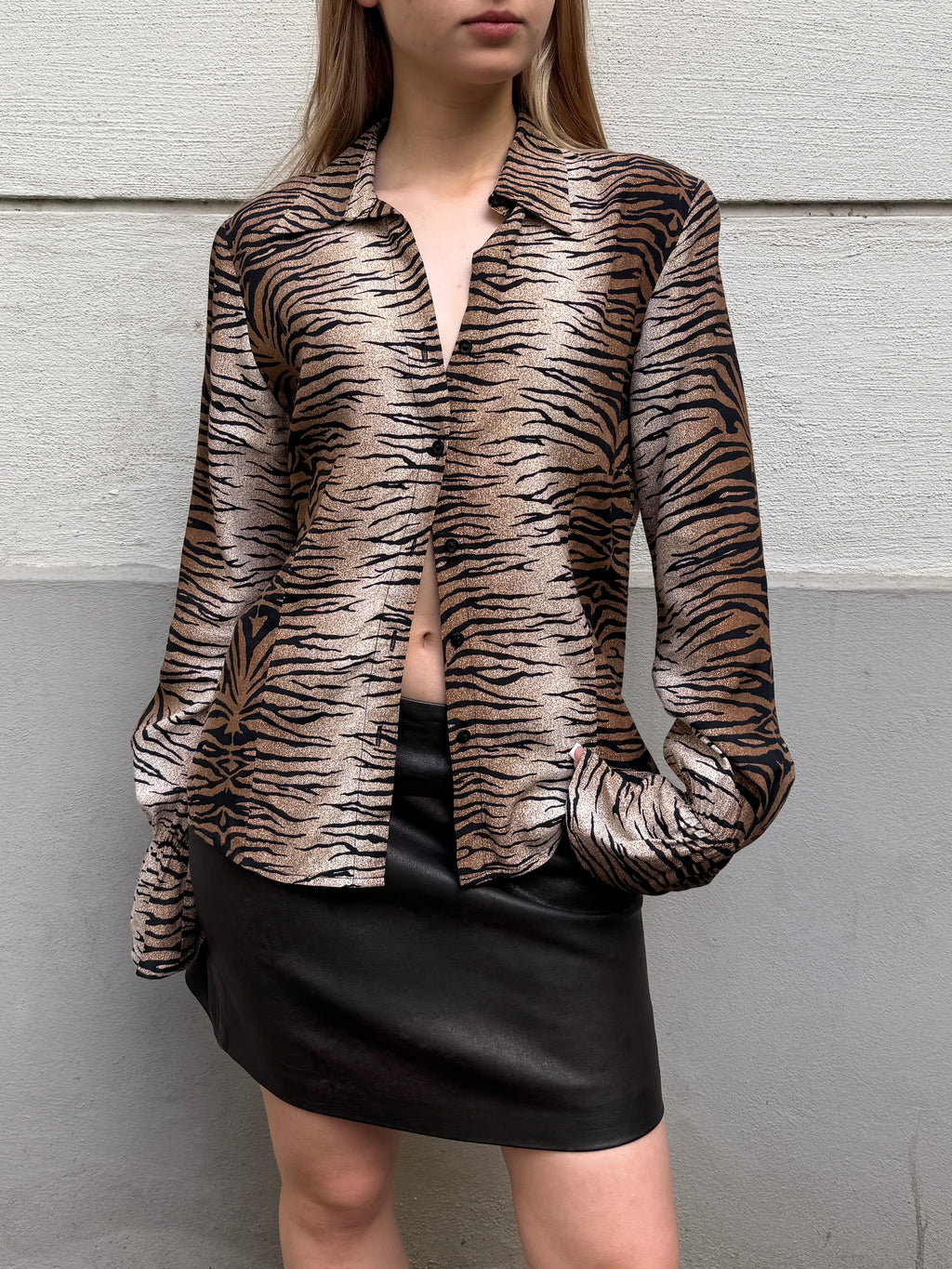 Vintage Tiger Stripe Flared Sleeve Button Down Shirt Top S/M