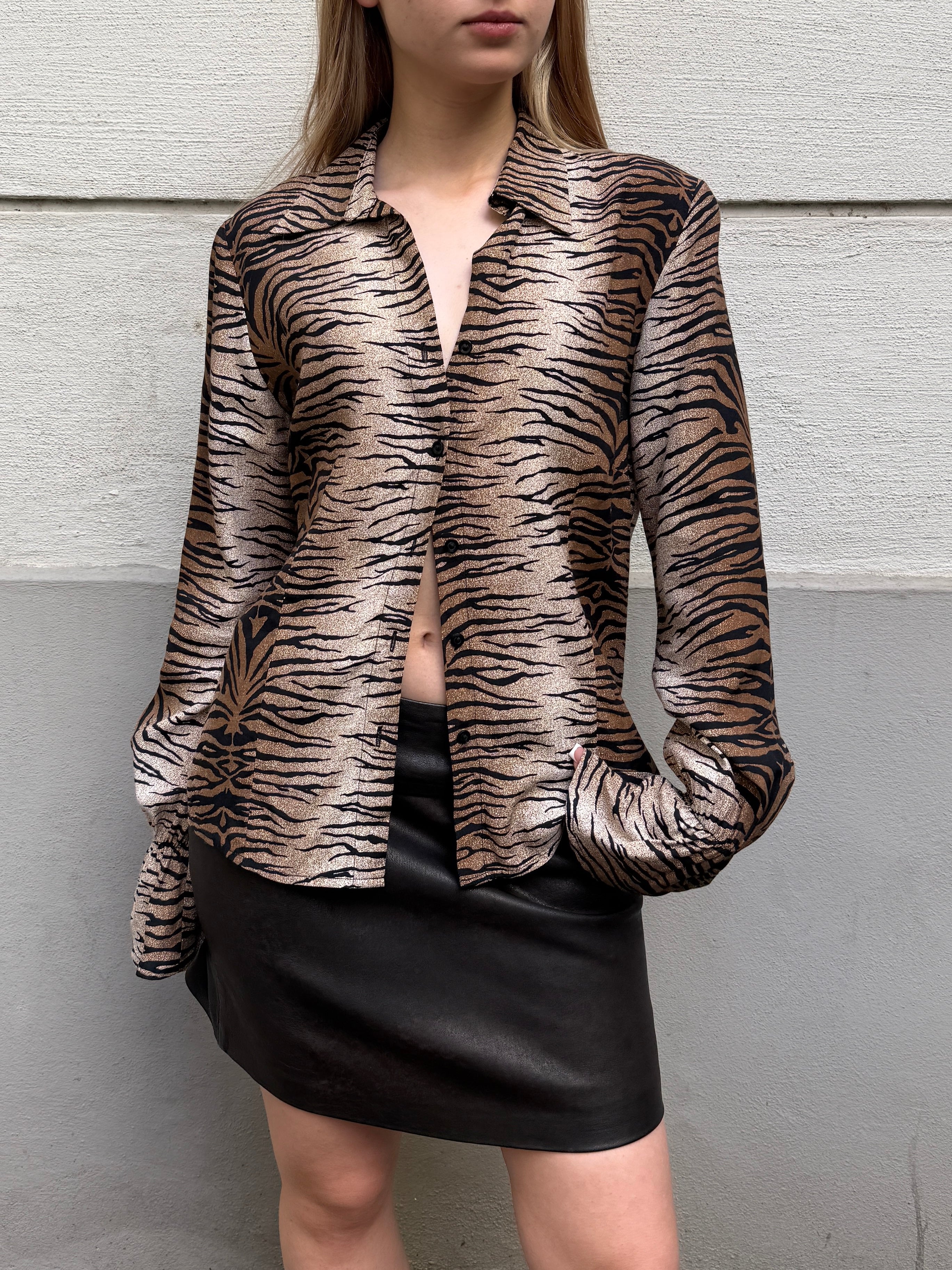 Vintage Tiger Stripe Flared Sleeve Button Down Shirt Top S/M