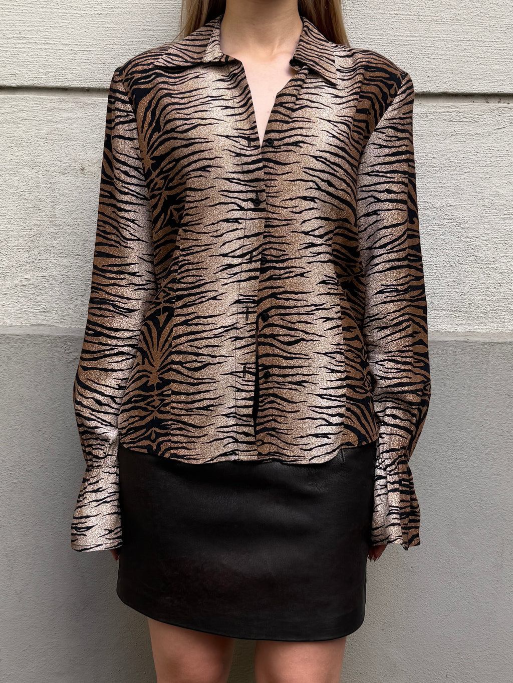Vintage Tiger Stripe Flared Sleeve Button Down Shirt Top S/M