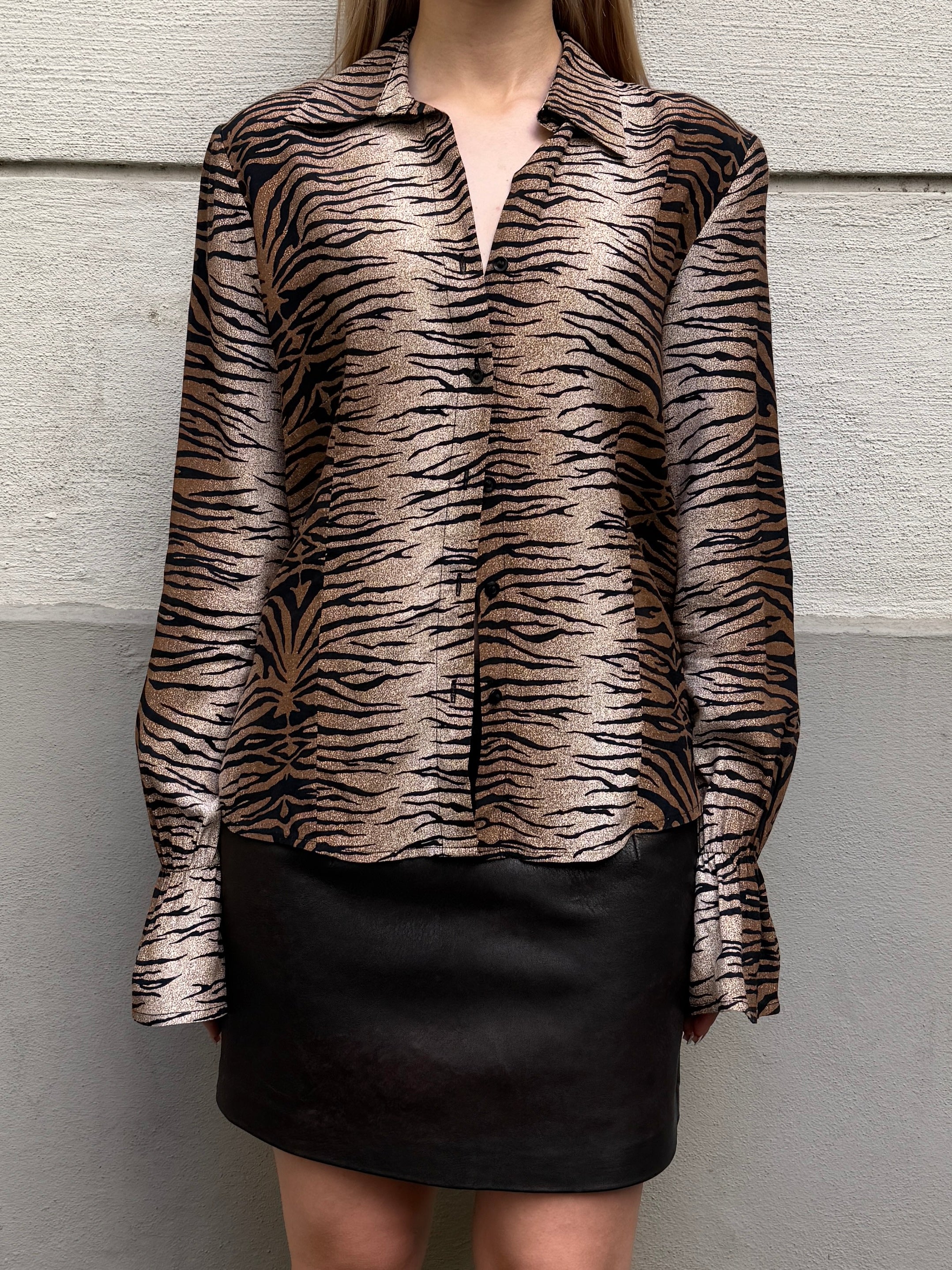 Vintage Tiger Stripe Flared Sleeve Button Down Shirt Top S/M