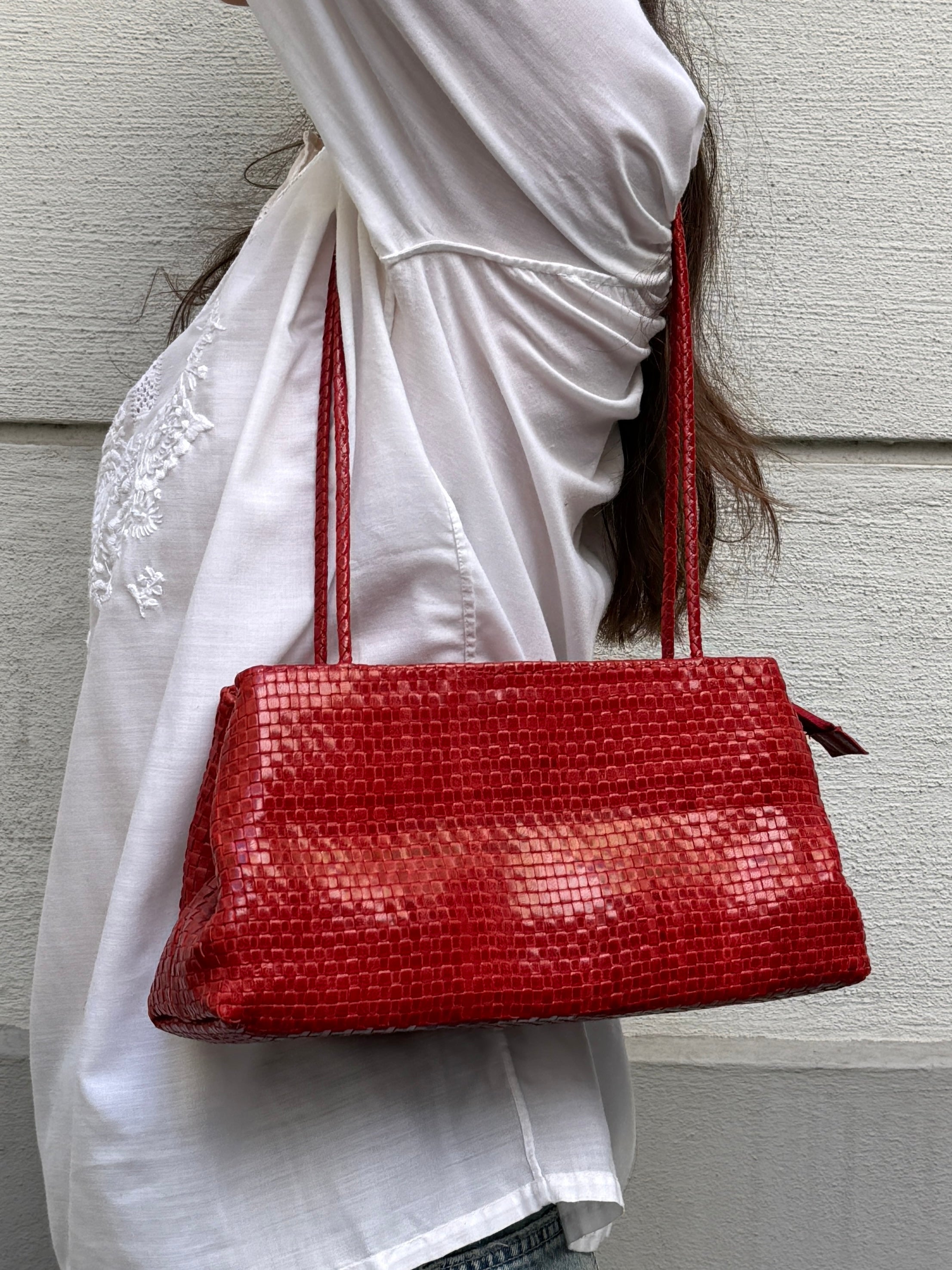 Vintage 100% Genuine Leather Woven Red Bag