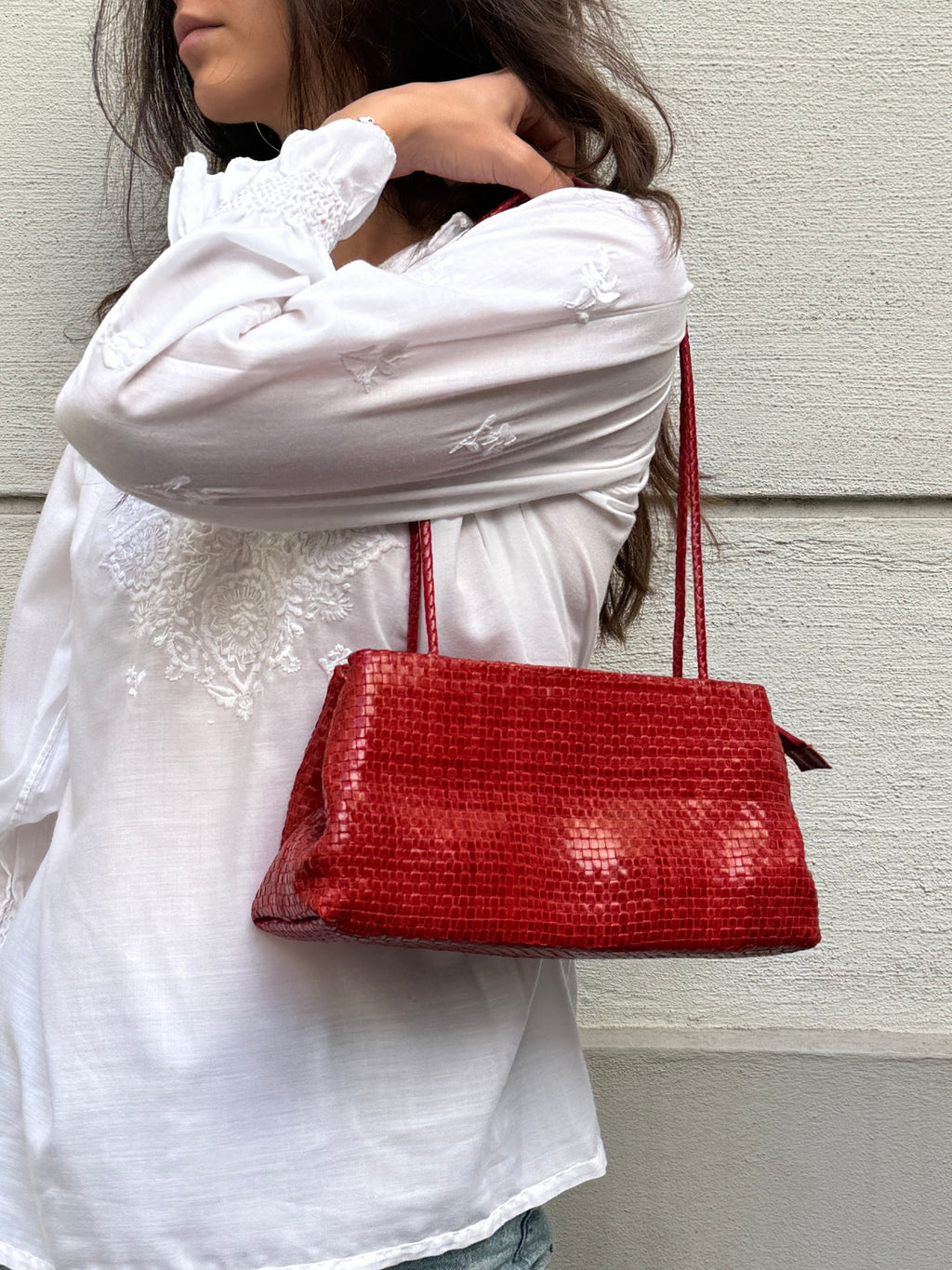 Vintage 100% Genuine Leather Woven Red Bag
