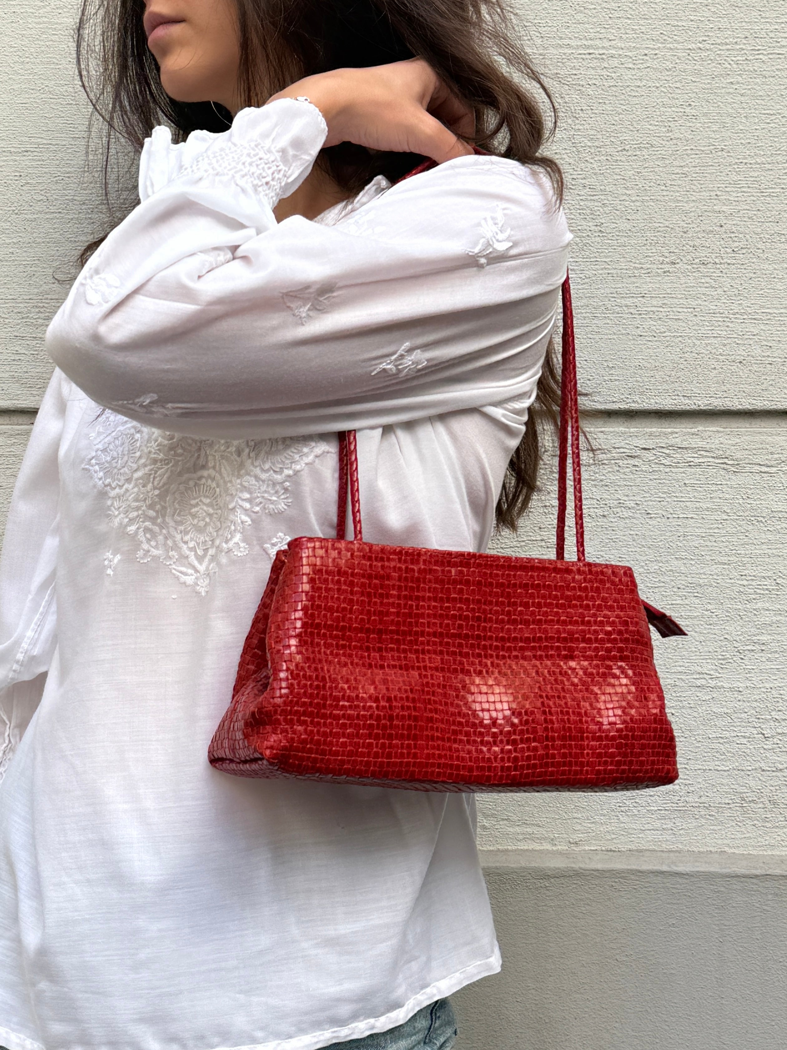 Vintage 100% Genuine Leather Woven Red Bag