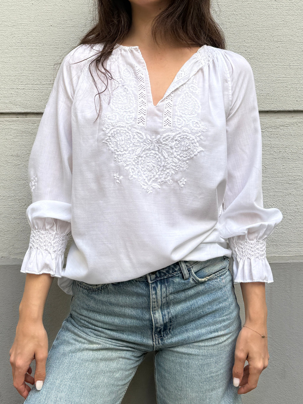 Vintage 100% Cotton Embroidered Puff Sleeve Blouse S