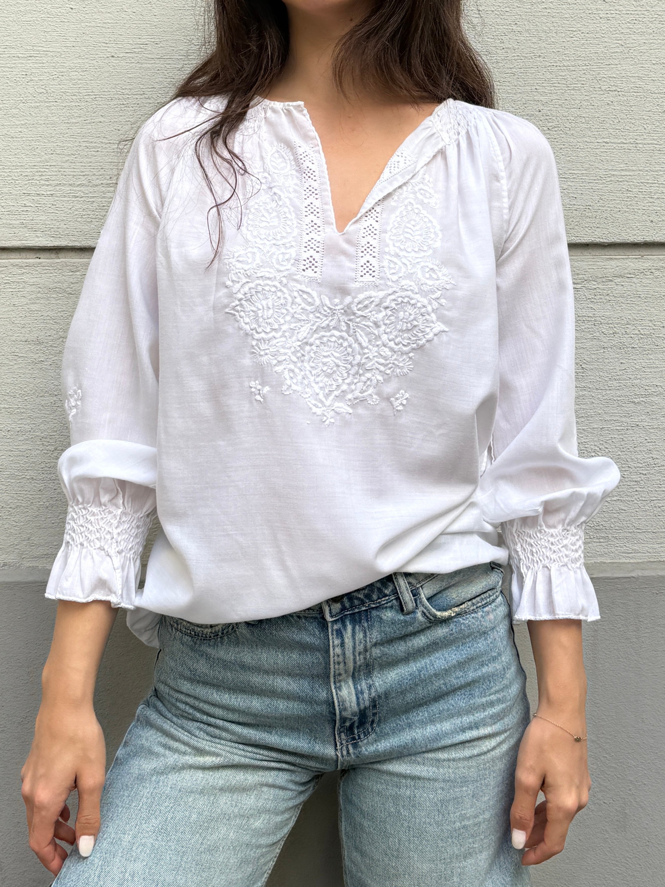 Vintage 100% Cotton Embroidered Puff Sleeve Blouse S