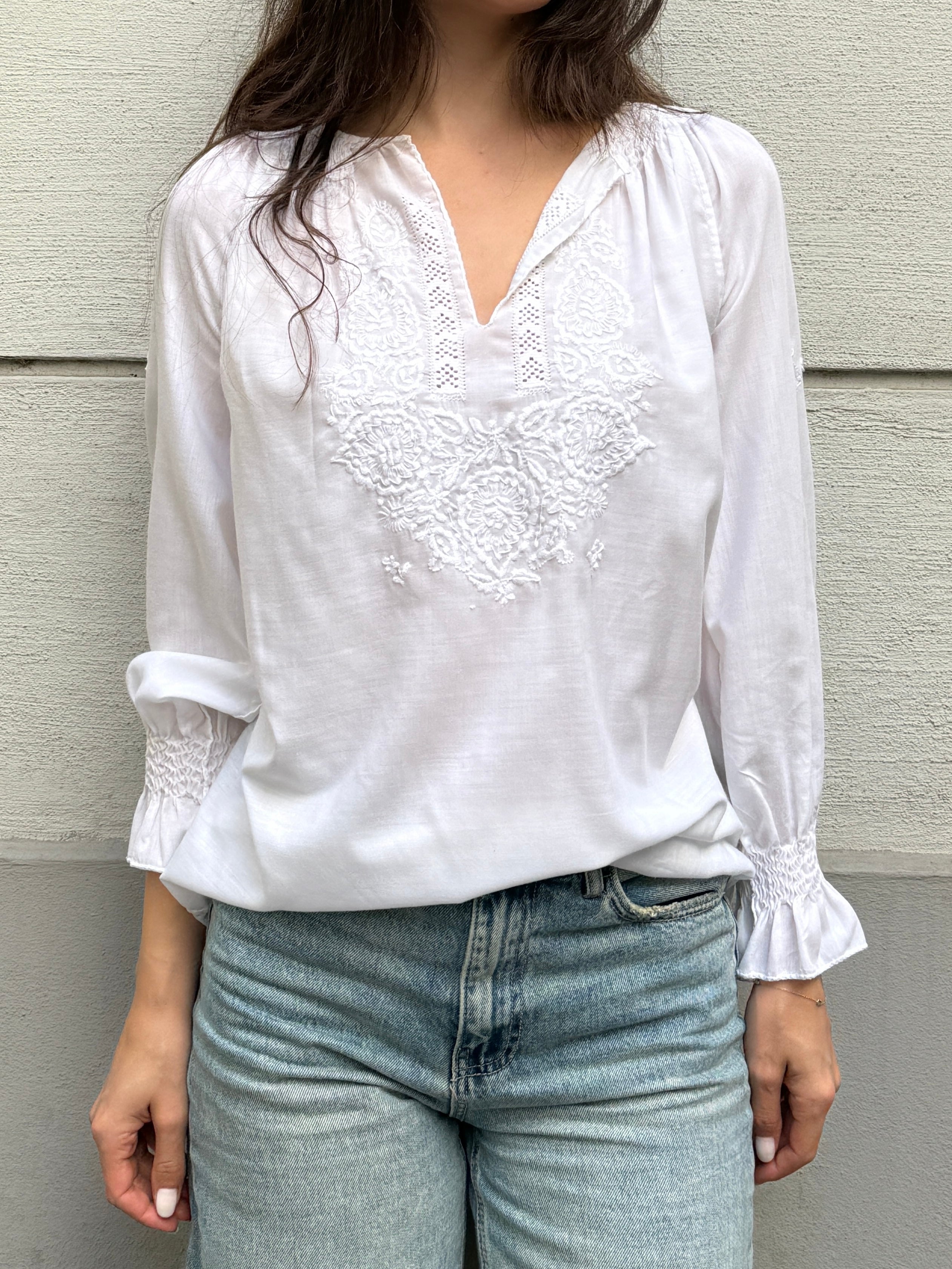 Vintage 100% Cotton Embroidered Puff Sleeve Blouse S