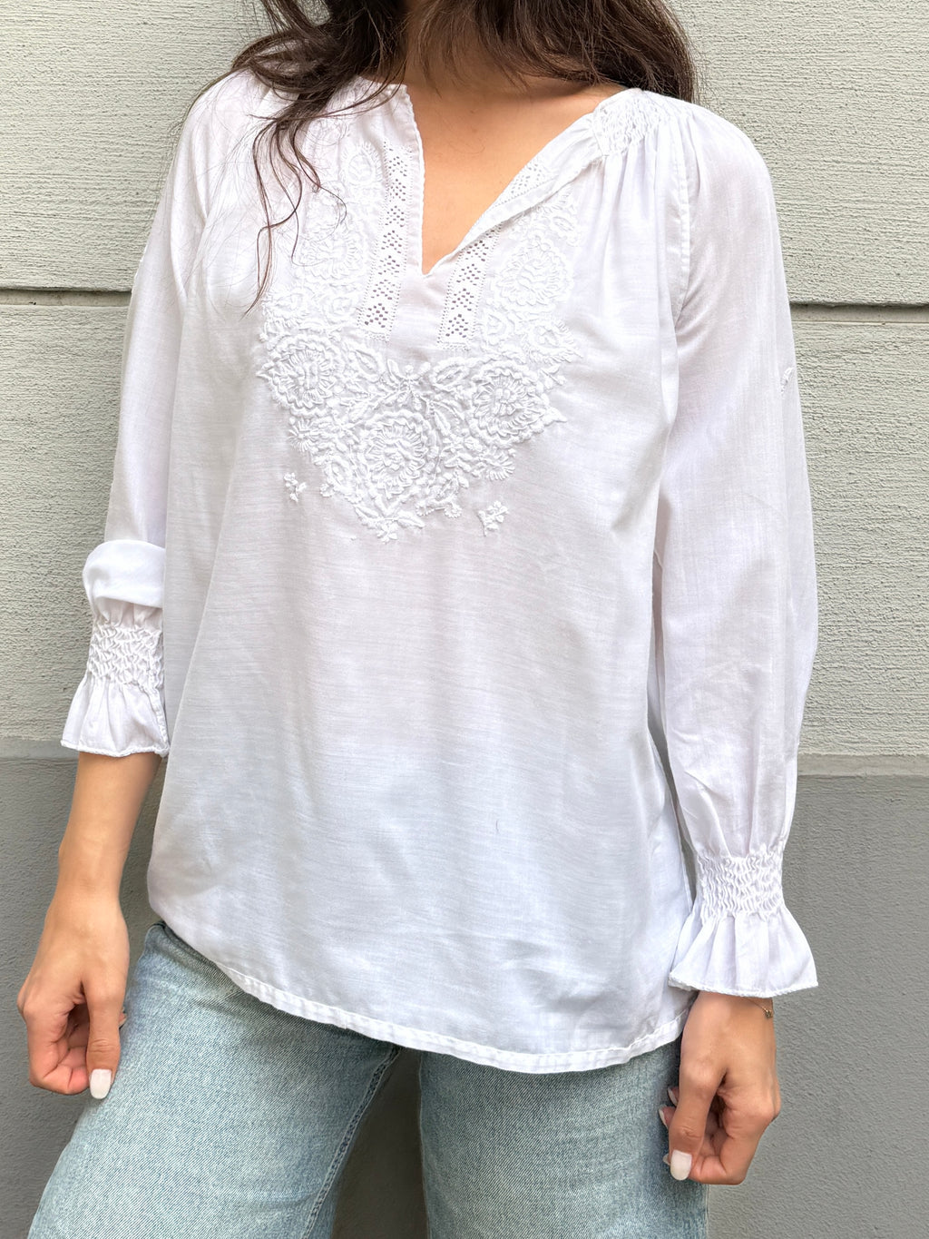 Vintage 100% Cotton Embroidered Puff Sleeve Blouse S