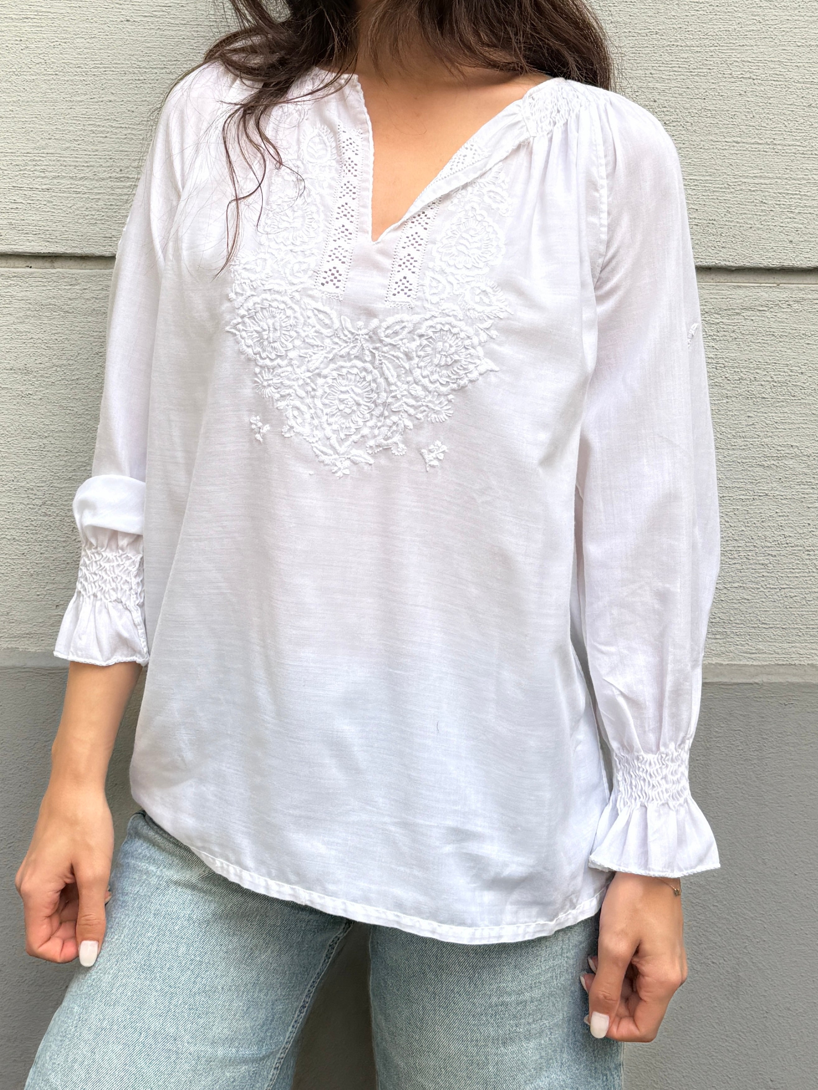 Vintage 100% Cotton Embroidered Puff Sleeve Blouse S