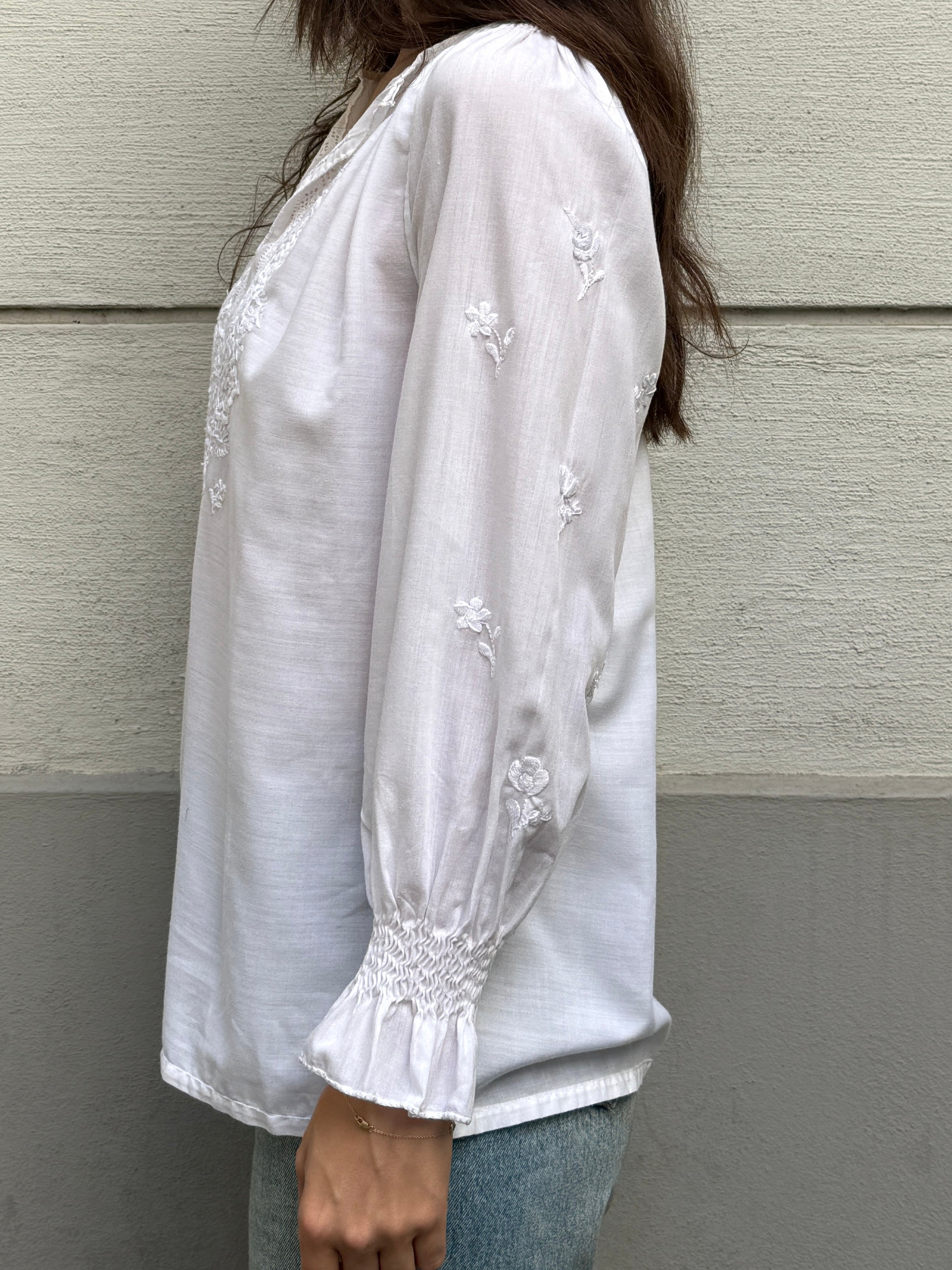 Vintage 100% Cotton Embroidered Puff Sleeve Blouse S