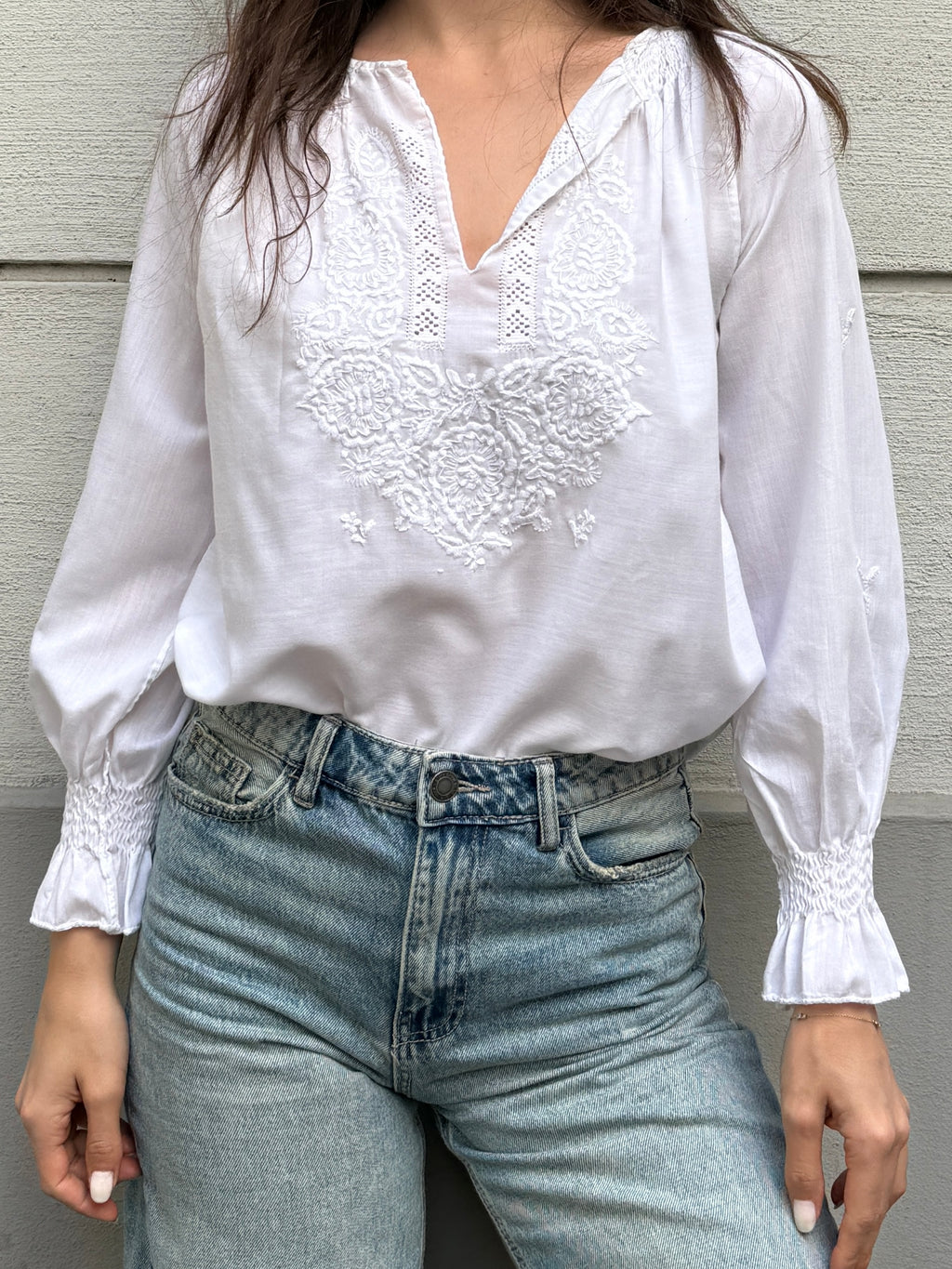 Vintage 100% Cotton Embroidered Puff Sleeve Blouse S