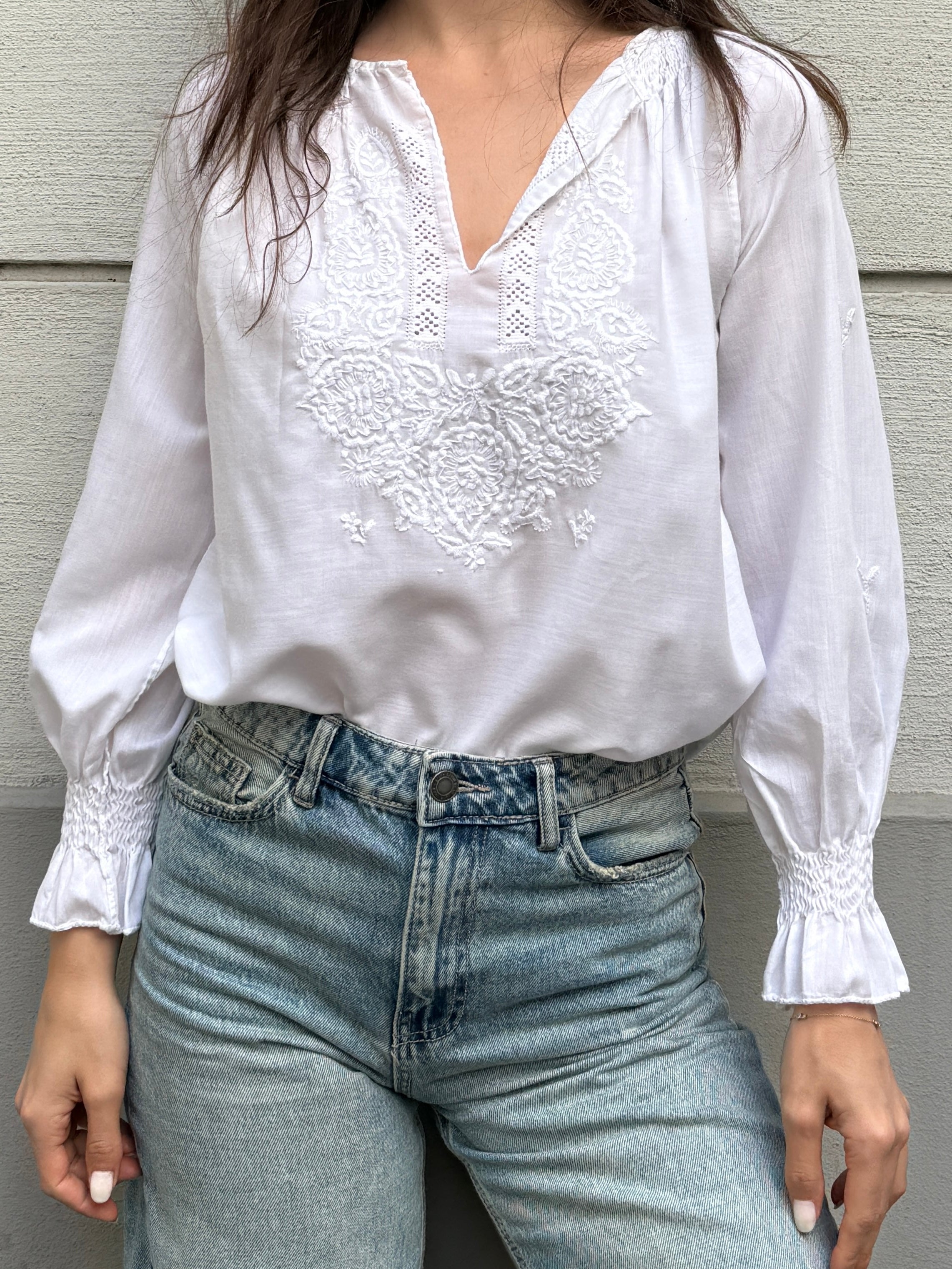 Vintage 100% Cotton Embroidered Puff Sleeve Blouse S