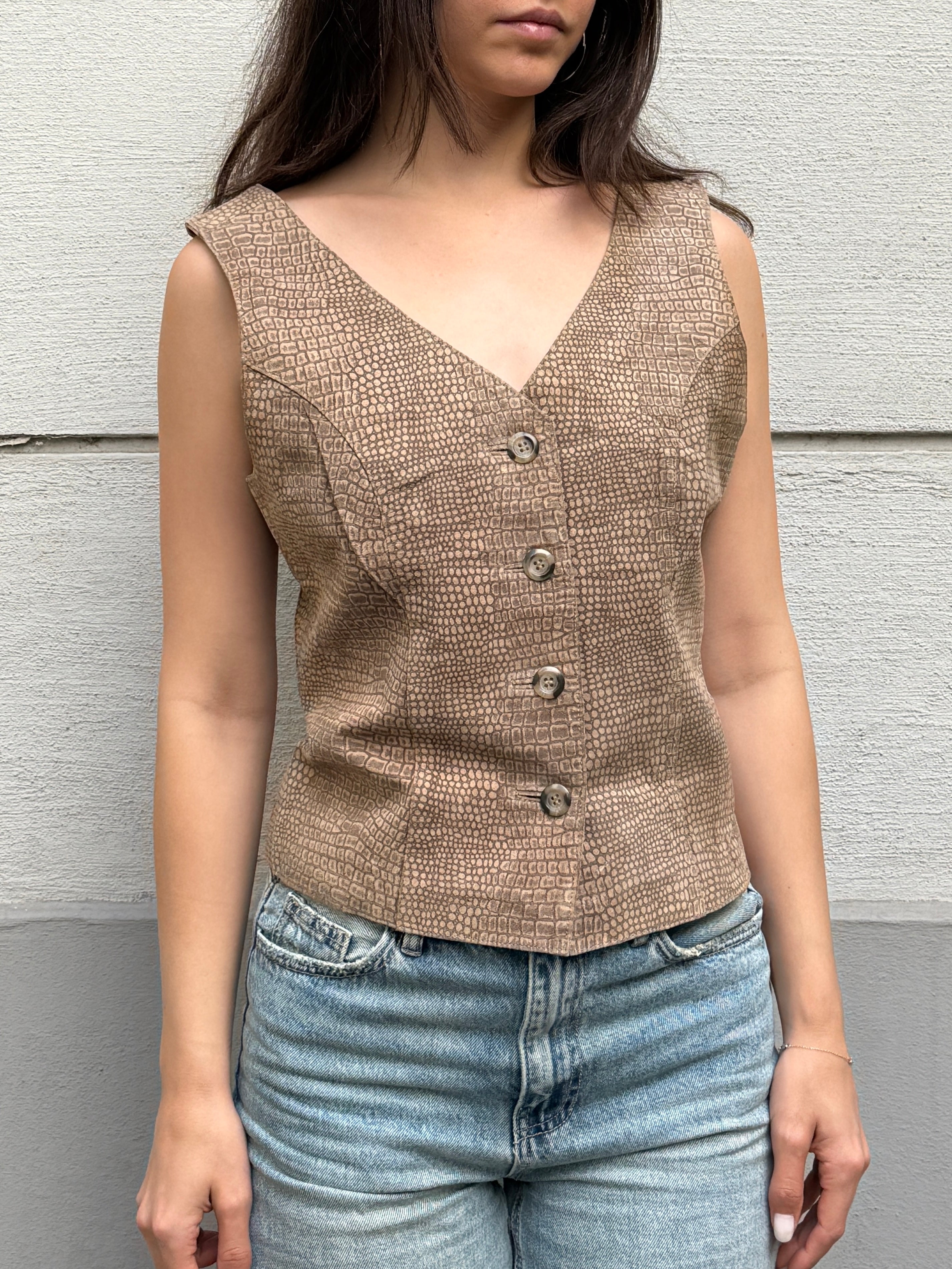 Vintage 90's 100% Genuine Leather Taupe Vest Top M