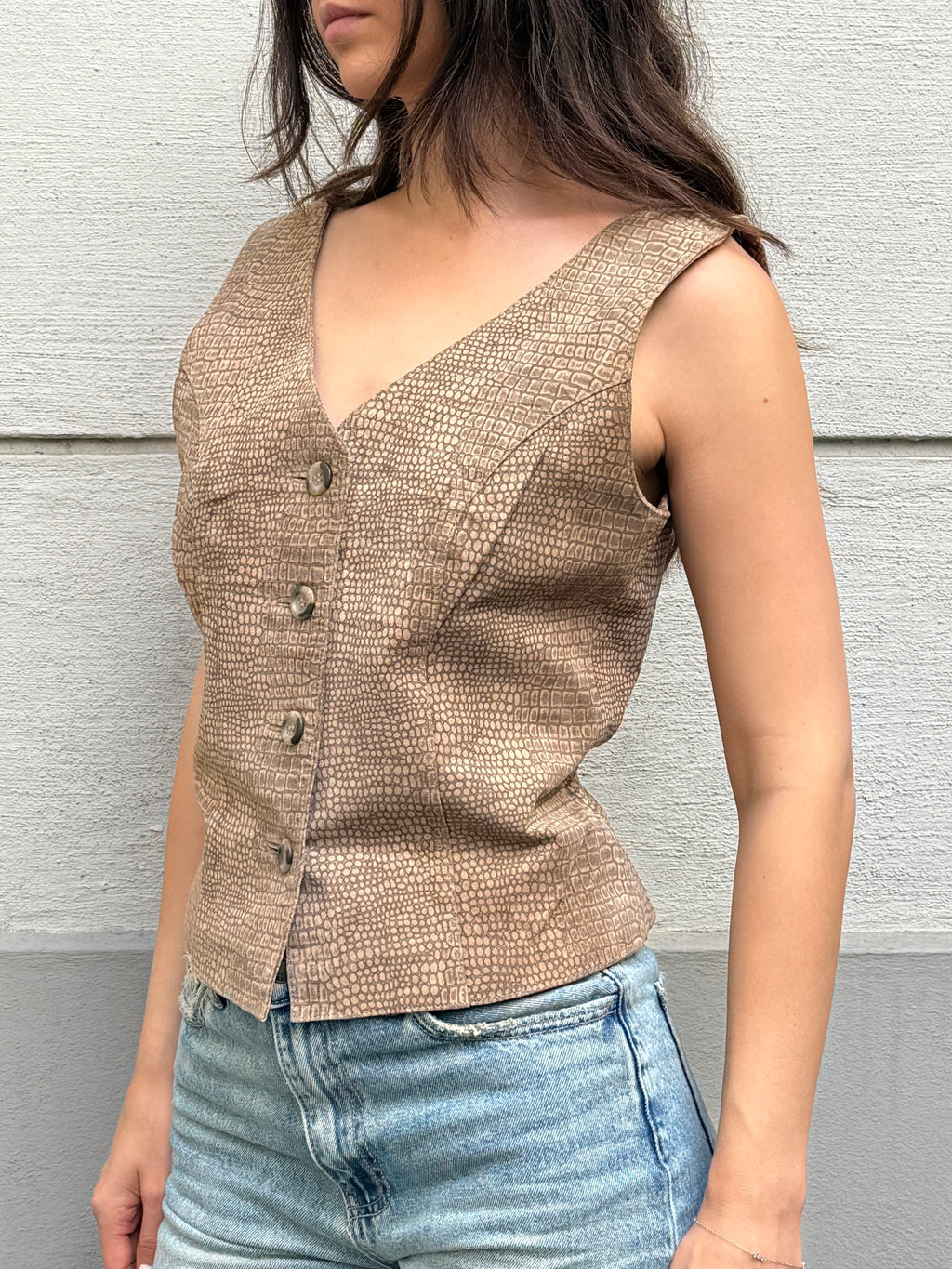 Vintage 90's 100% Genuine Leather Taupe Vest Top M