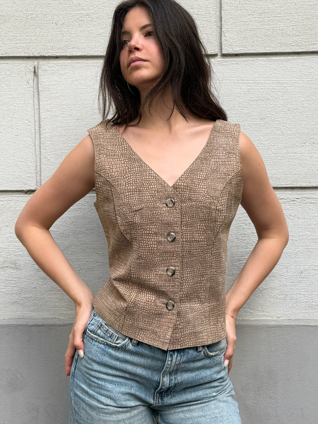 Vintage 90's 100% Genuine Leather Taupe Vest Top M
