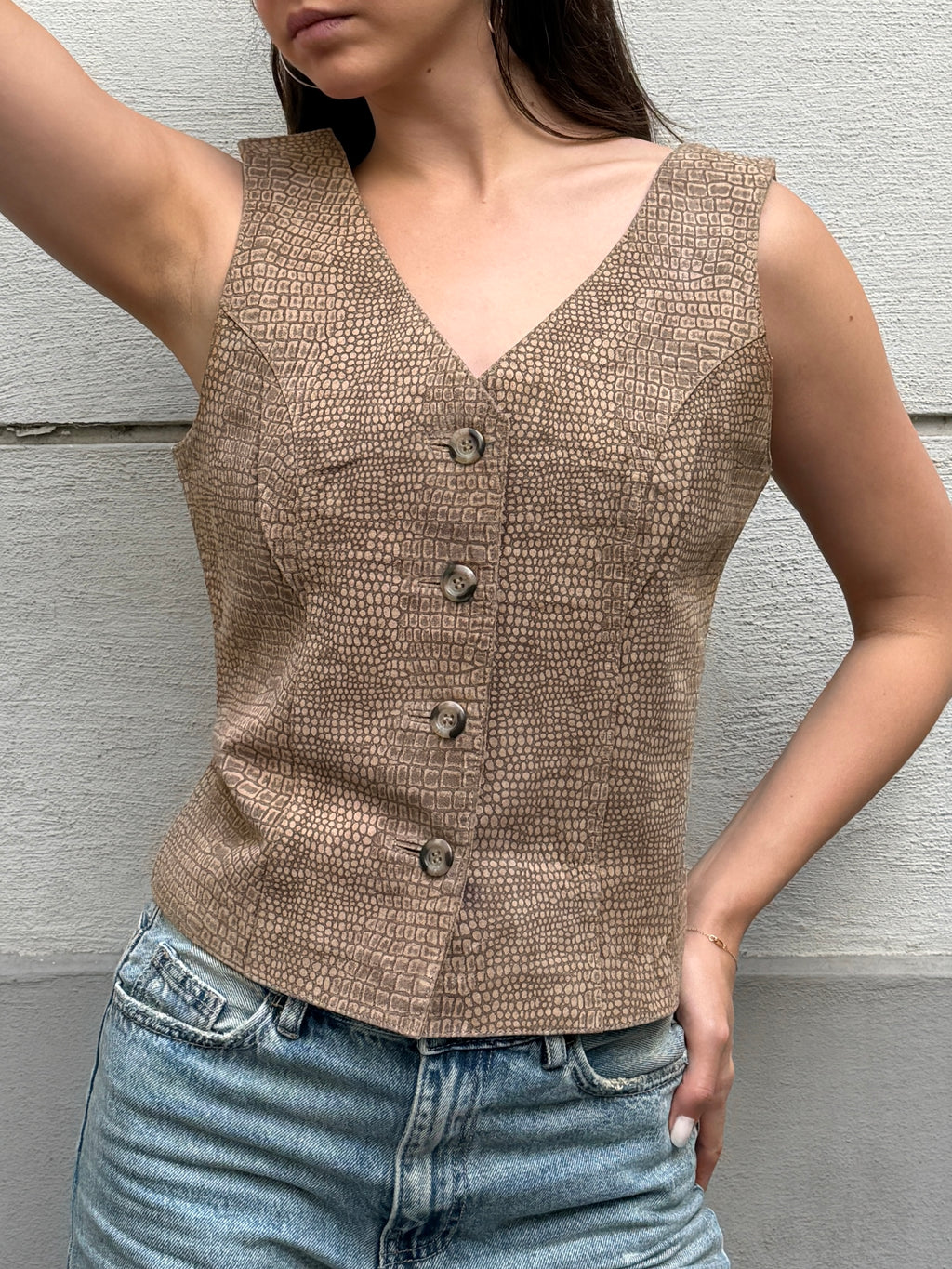 Vintage 90's 100% Genuine Leather Taupe Vest Top M