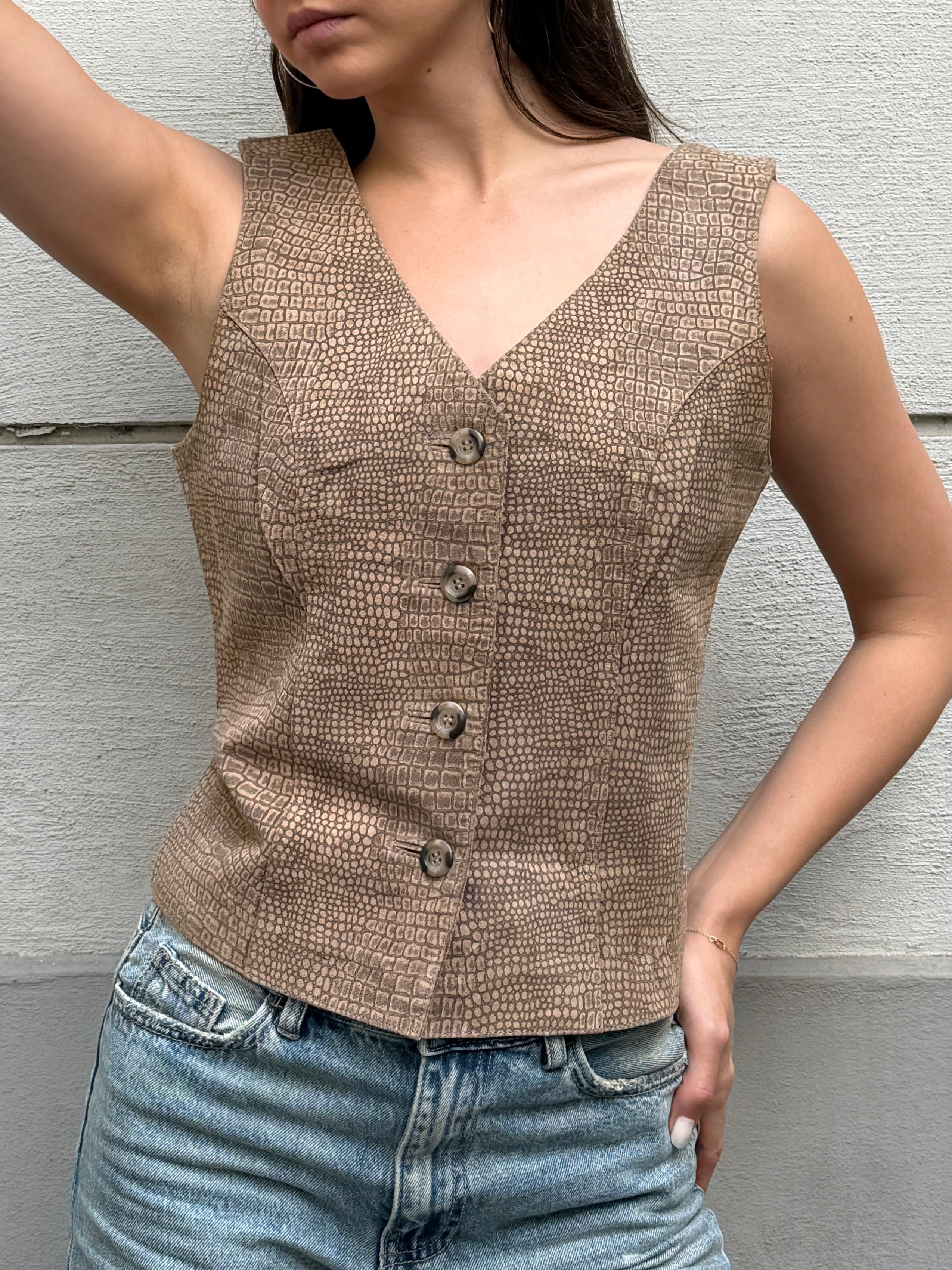 Vintage 90's 100% Genuine Leather Taupe Vest Top M