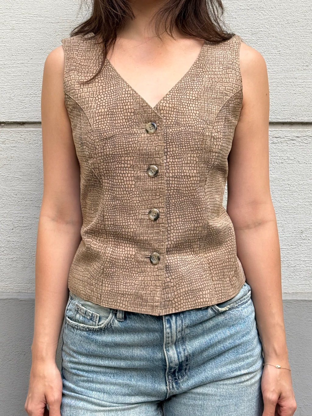 Vintage 90's 100% Genuine Leather Taupe Vest Top M