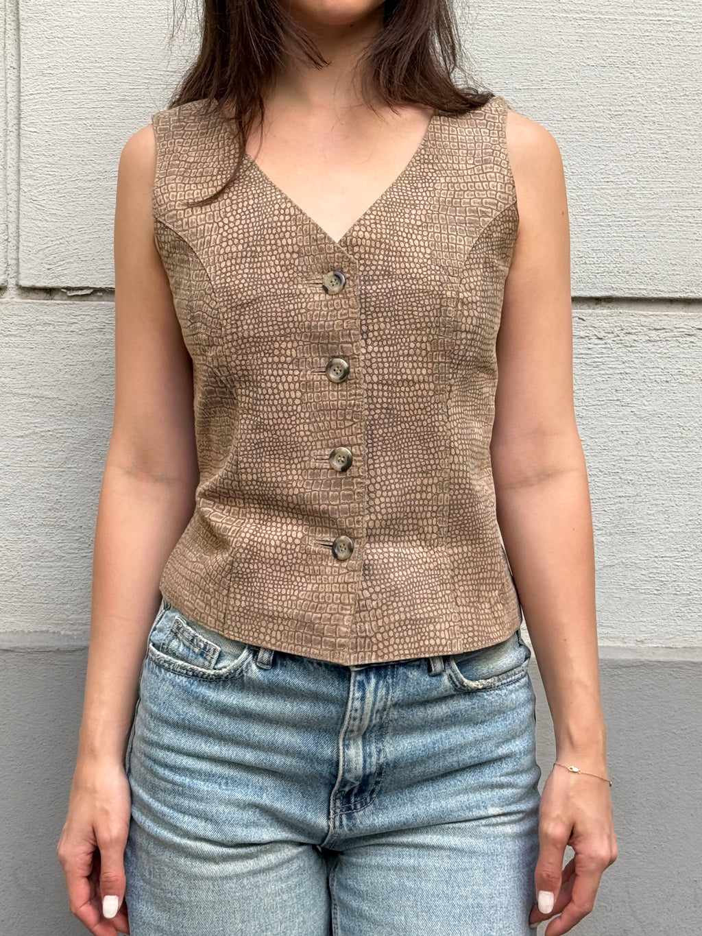 Vintage 90's 100% Genuine Leather Taupe Vest Top M