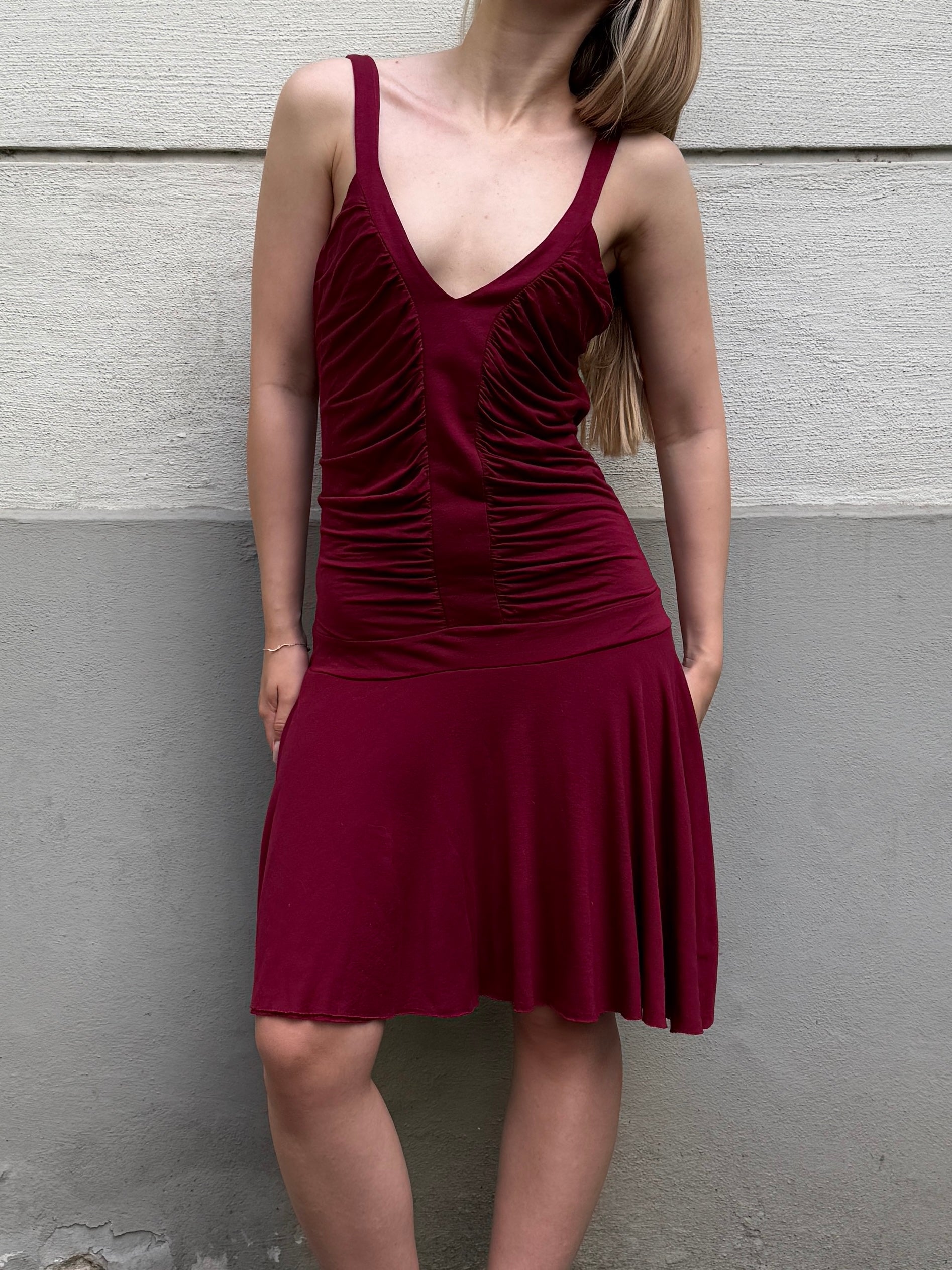 Vintage Viscose Drop Waist Dark Red Dress S