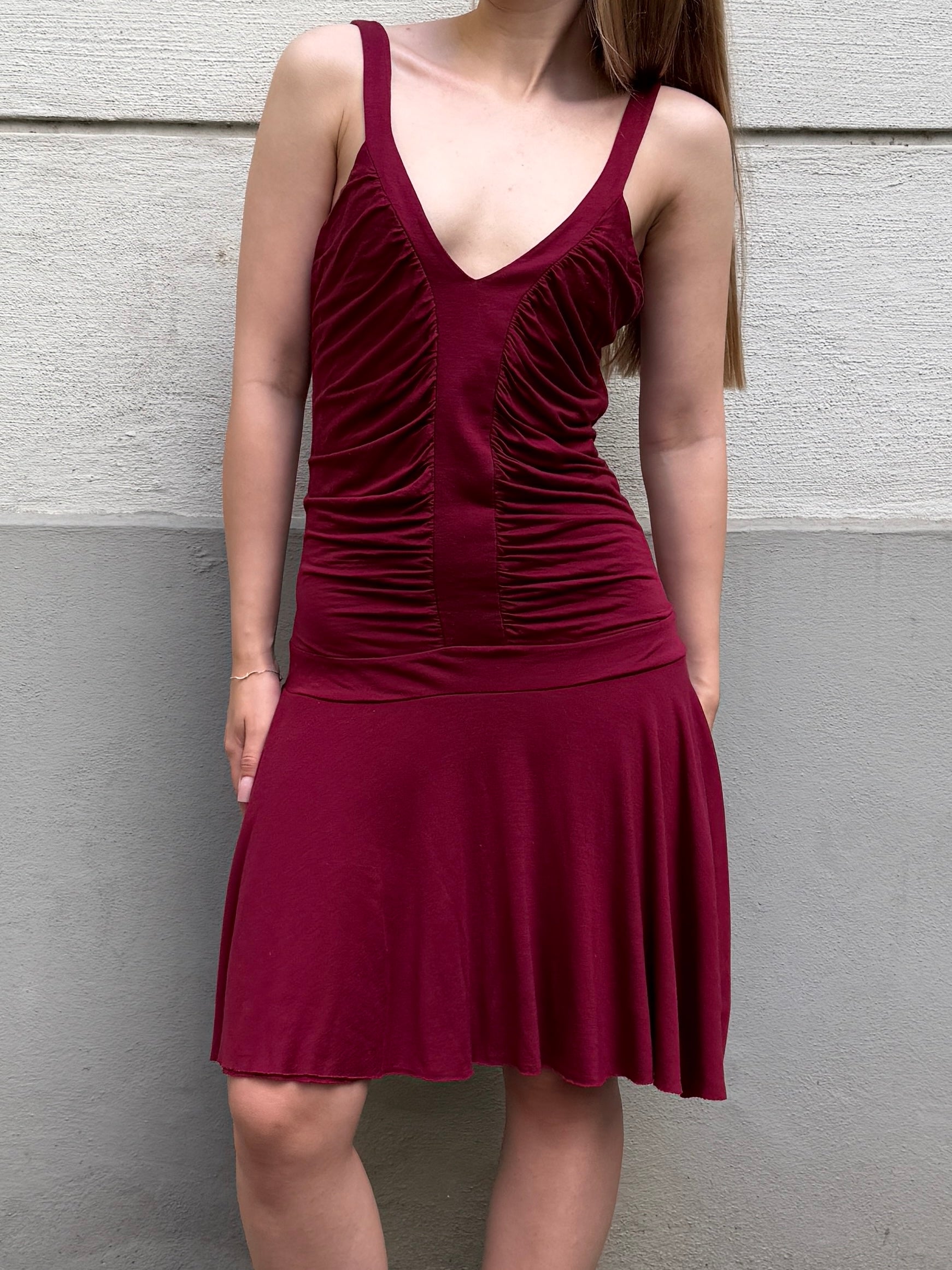 Vintage Viscose Drop Waist Dark Red Dress S