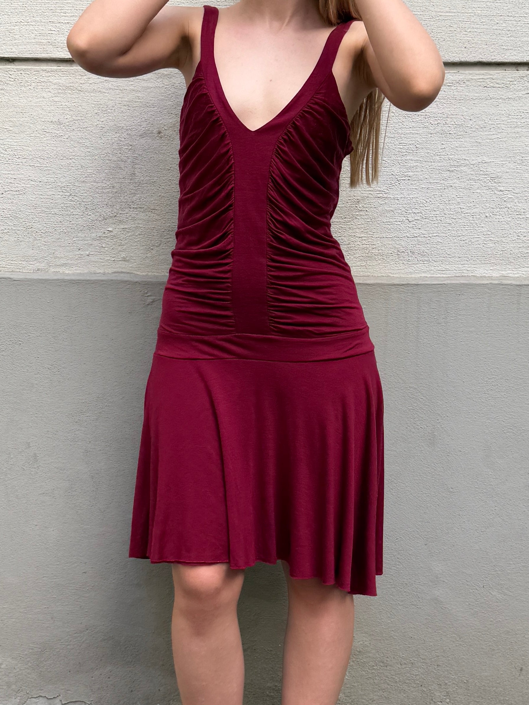 Vintage Viscose Drop Waist Dark Red Dress S