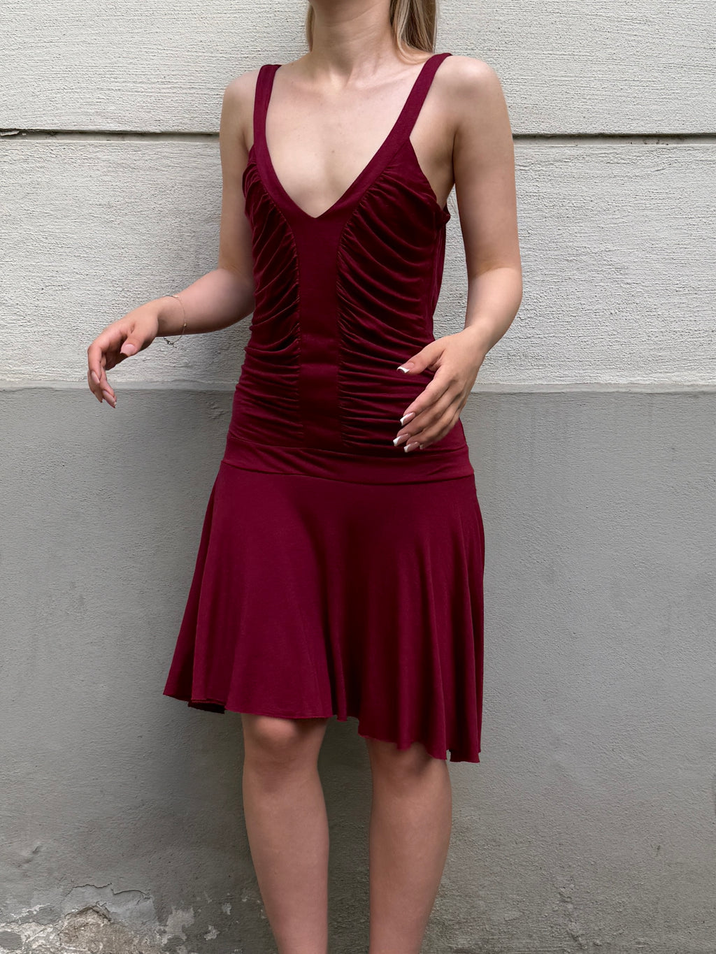 Vintage Viscose Drop Waist Dark Red Dress S