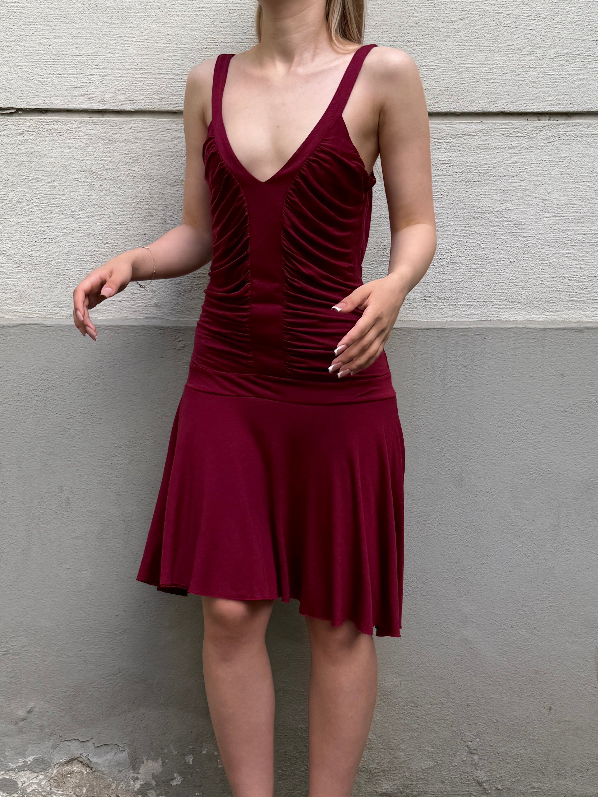 Vintage Viscose Drop Waist Dark Red Dress S