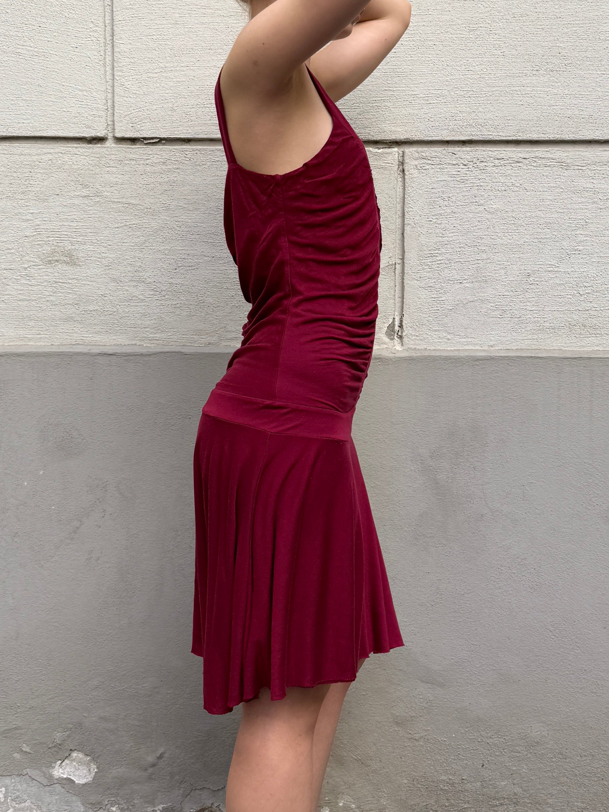 Vintage Viscose Drop Waist Dark Red Dress S