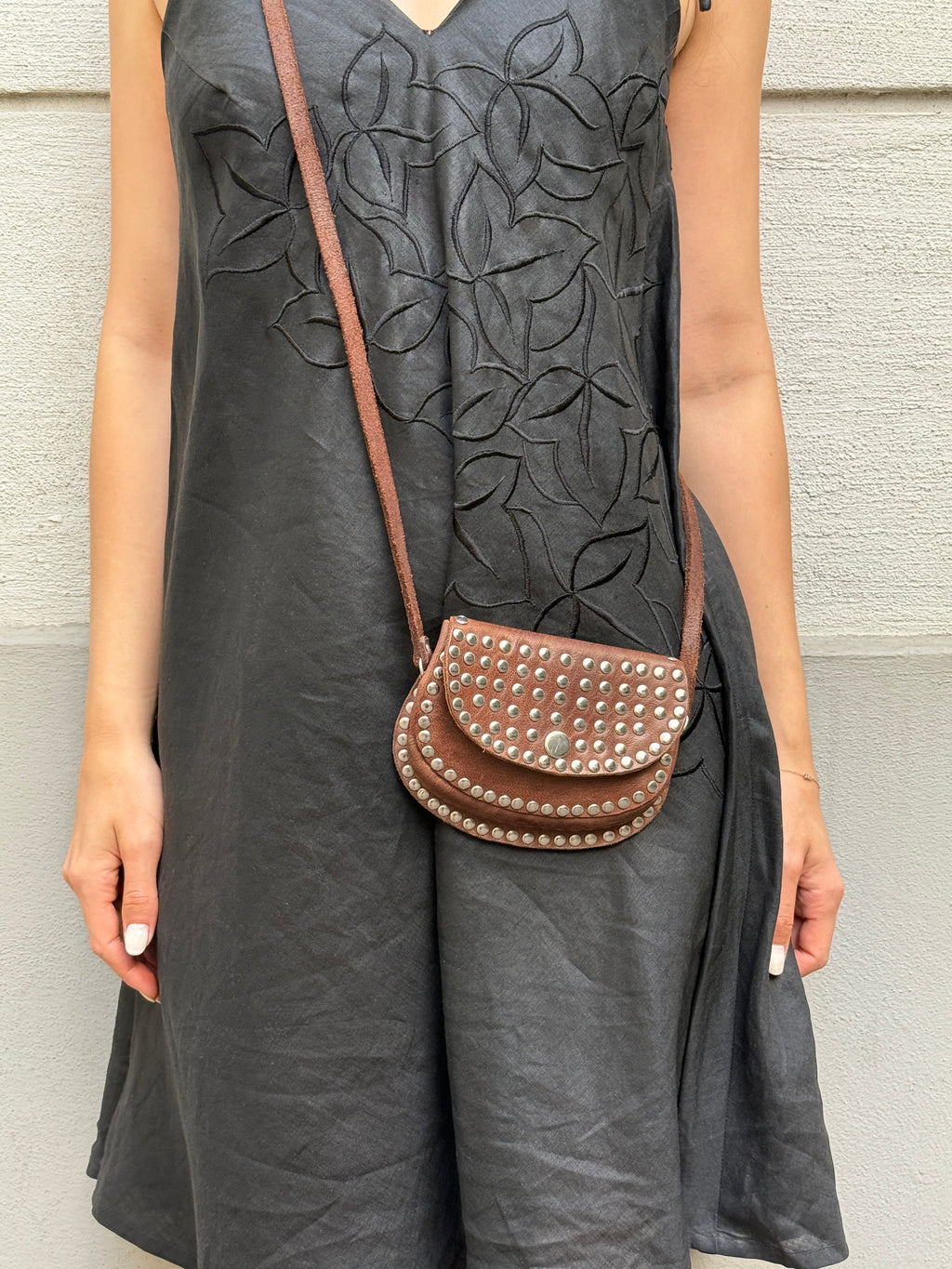 Vintage 100% Genuine Leather Brown Studded Mini Bag