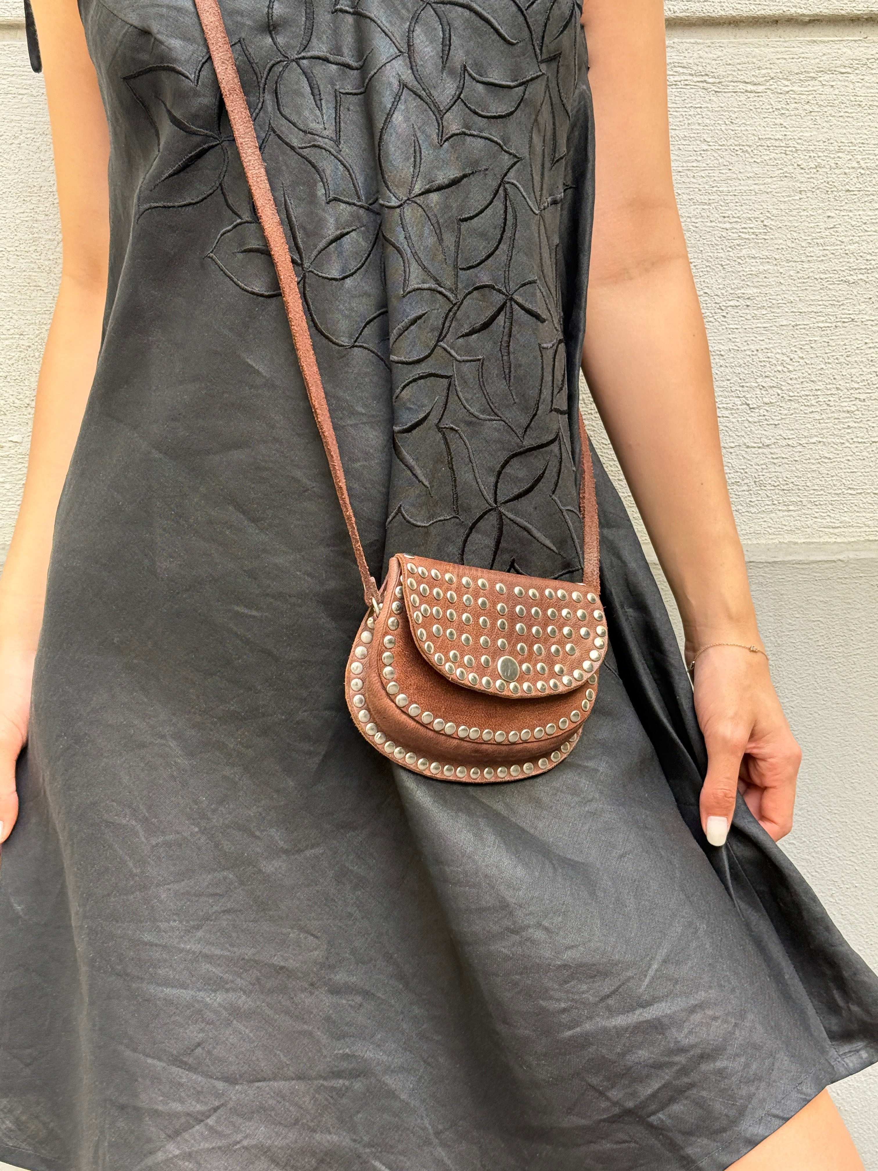 Vintage 100% Genuine Leather Brown Studded Mini Bag