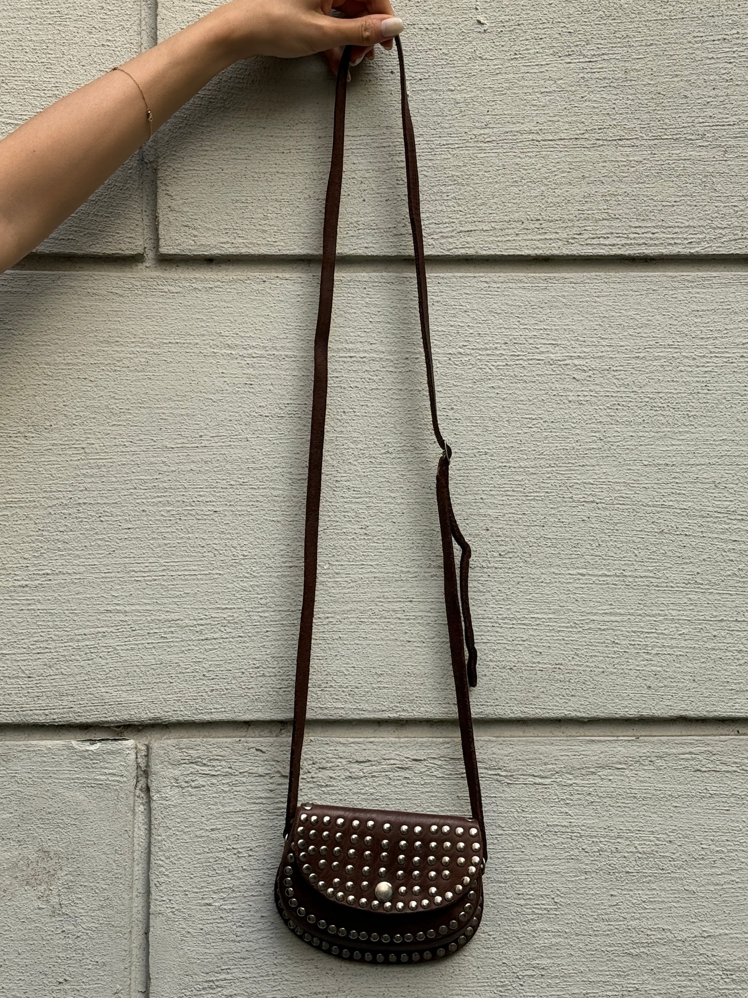 Vintage 100% Genuine Leather Brown Studded Mini Bag