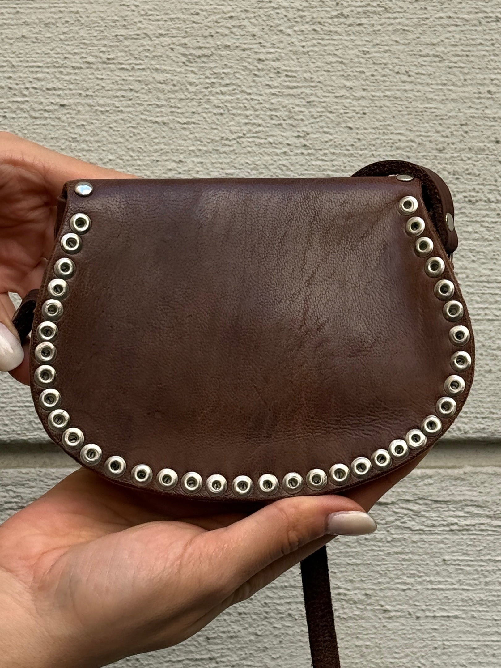 Vintage 100% Genuine Leather Brown Studded Mini Bag