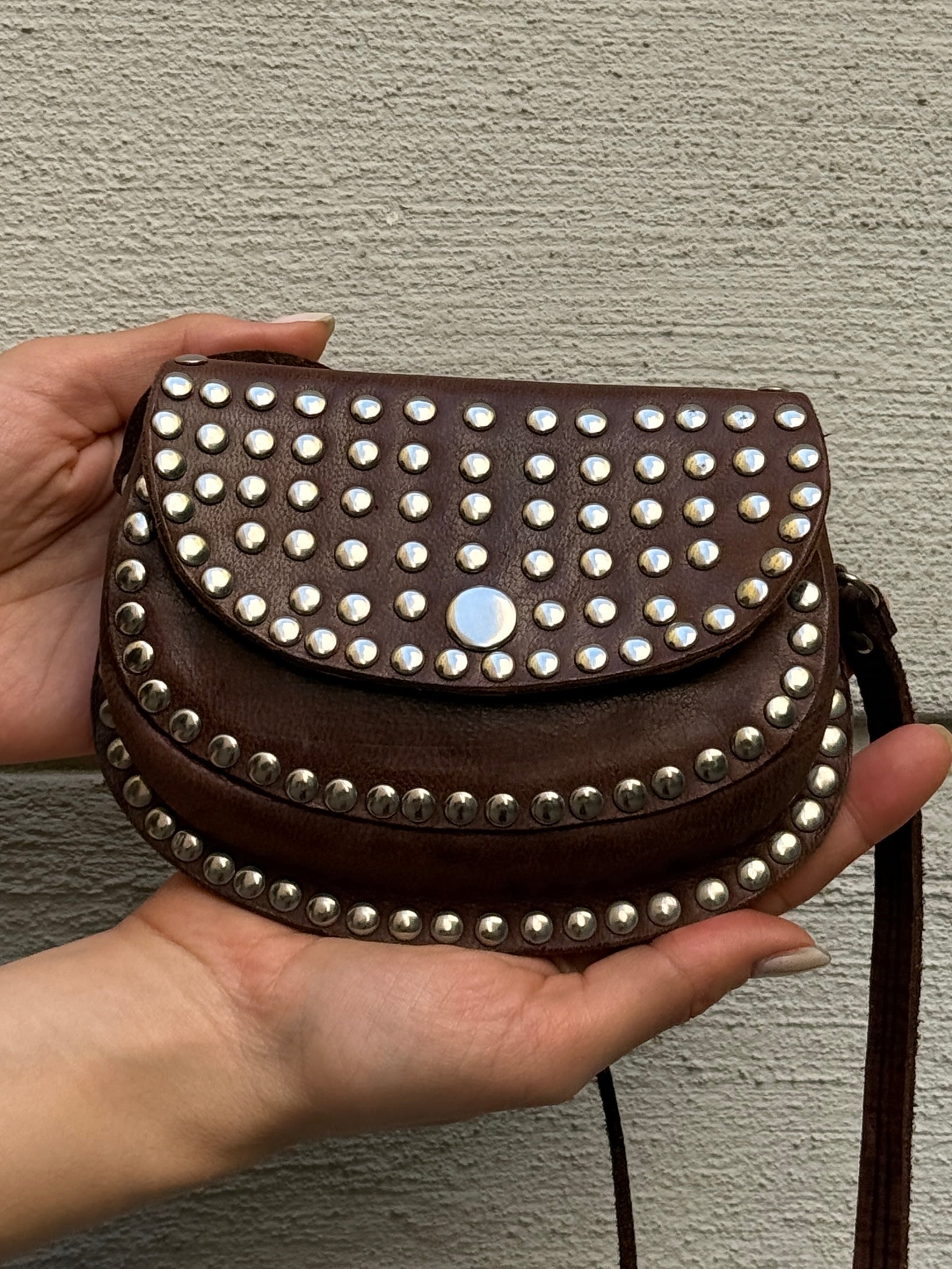 Vintage 100% Genuine Leather Brown Studded Mini Bag