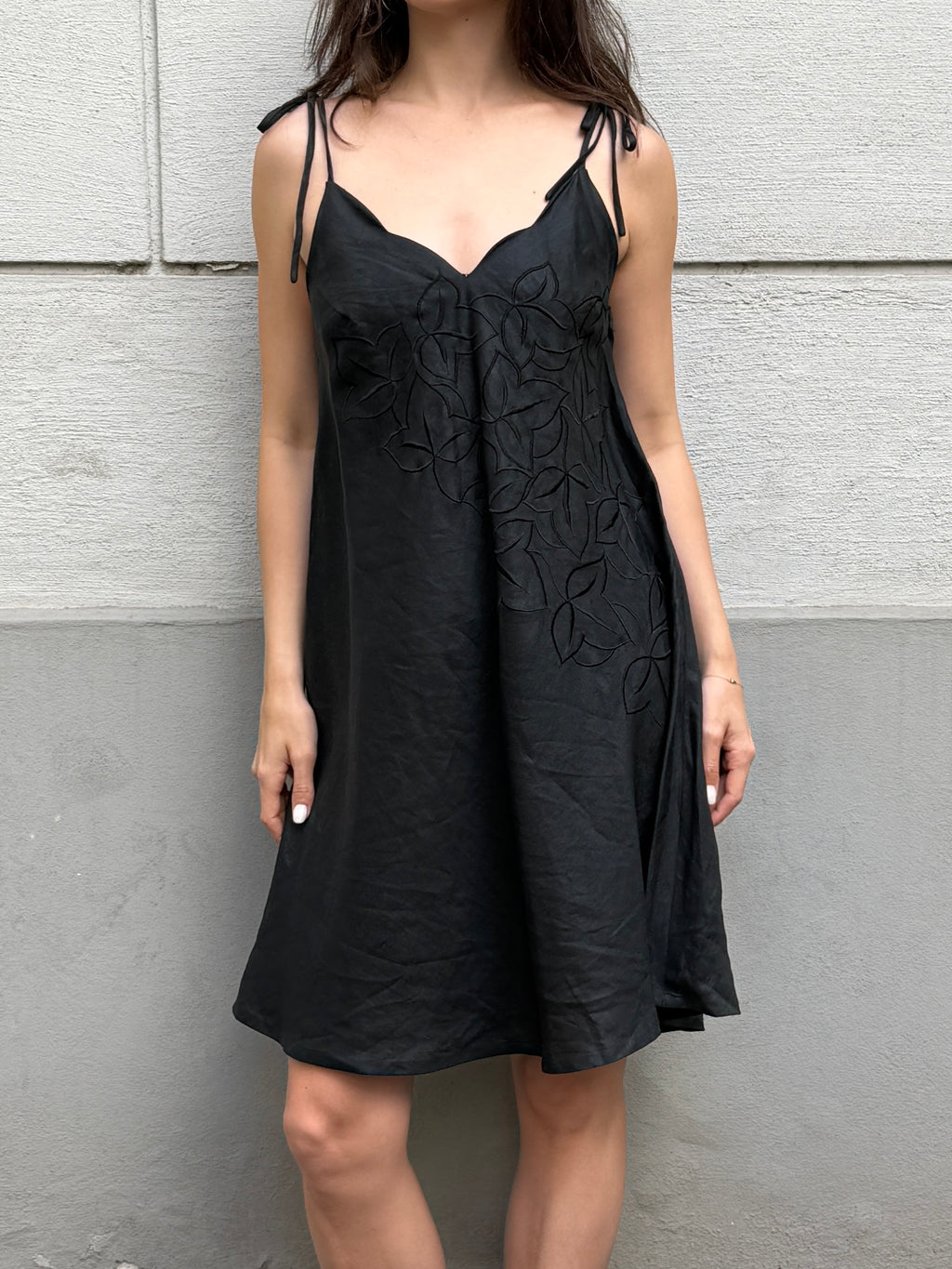 Vintage 100% Ramie Black Embroidered Dress M