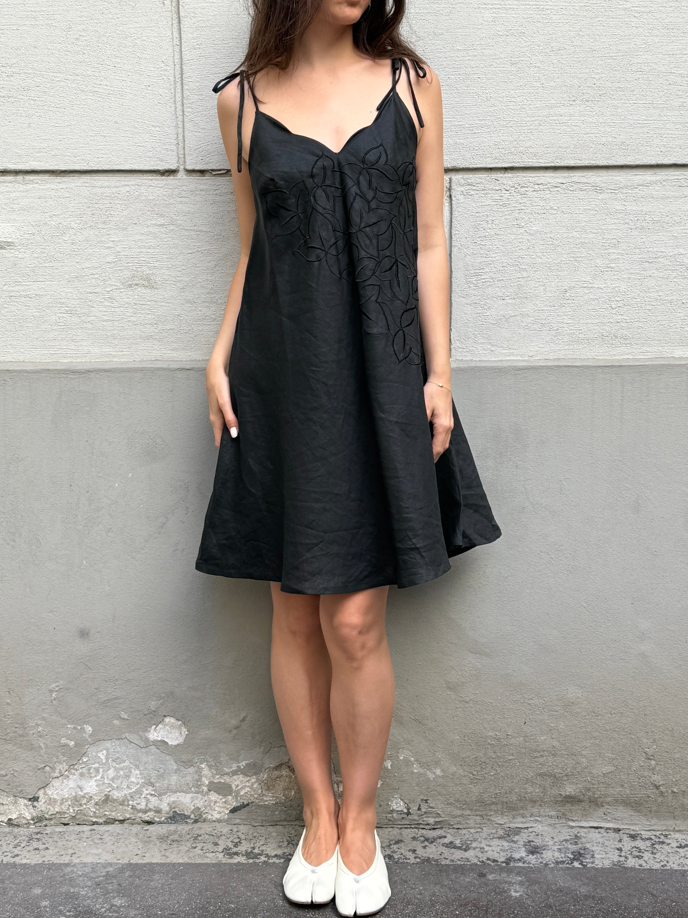 Vintage 100% Ramie Black Embroidered Dress M