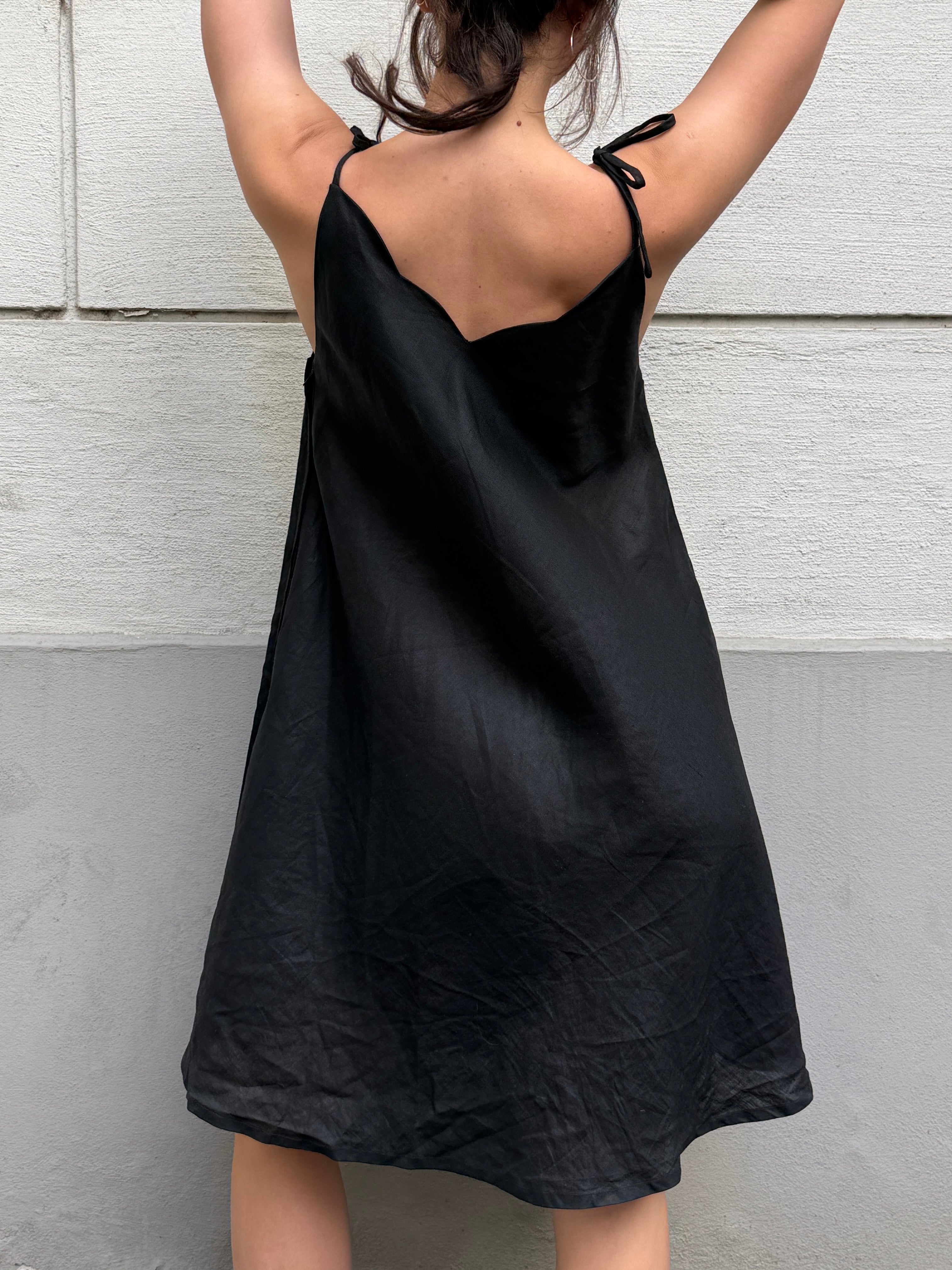 Vintage 100% Ramie Black Embroidered Dress M